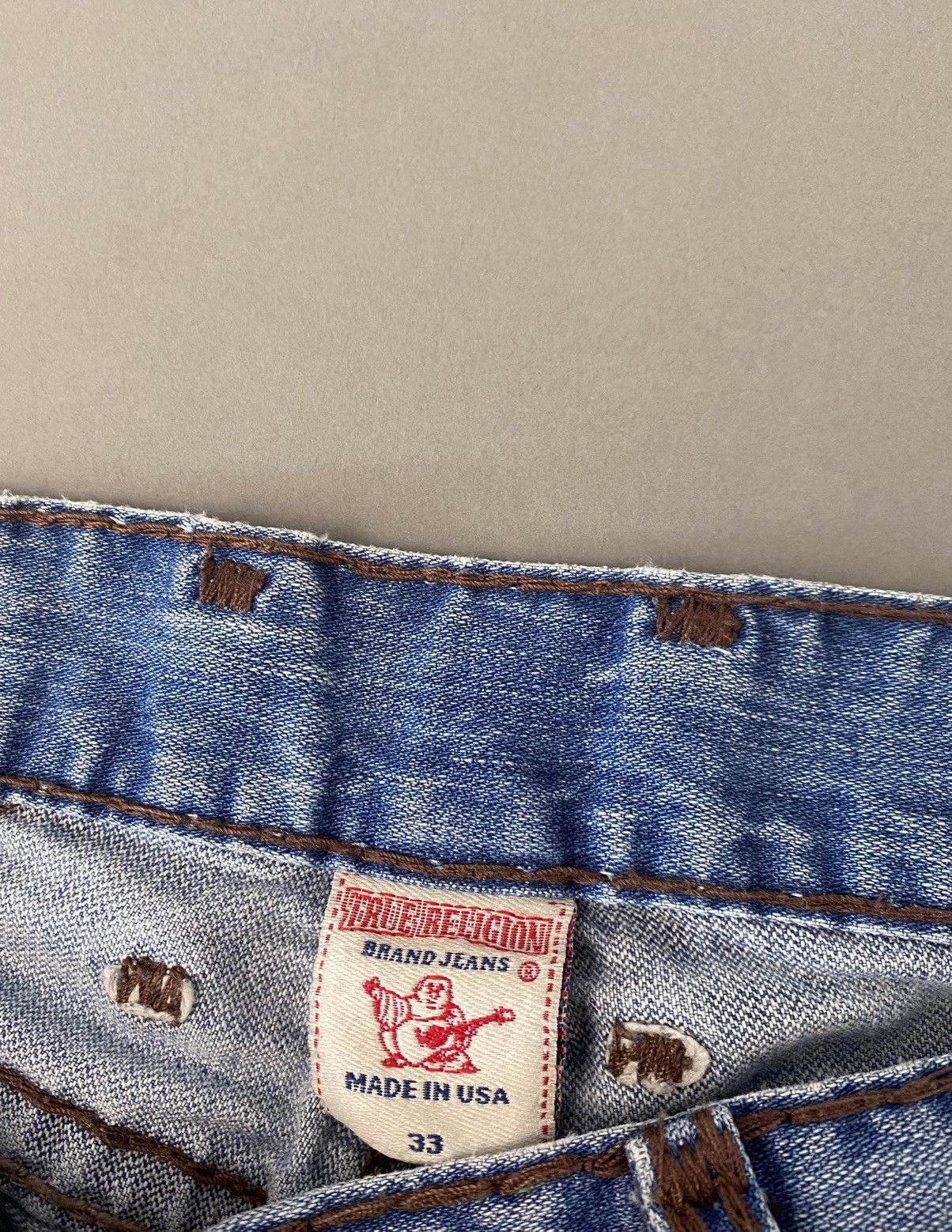 True Religion × Vintage True Religion vintage blue jeans thick brown stitching Size US 33 - 9 Thumbnail