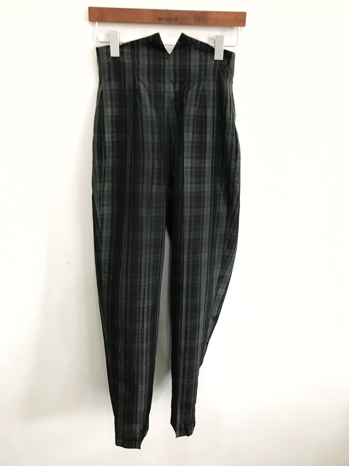 image of Vintage Norma Kamali Checked High Waist Gabardine Pants in Green, Men's (Size 26)