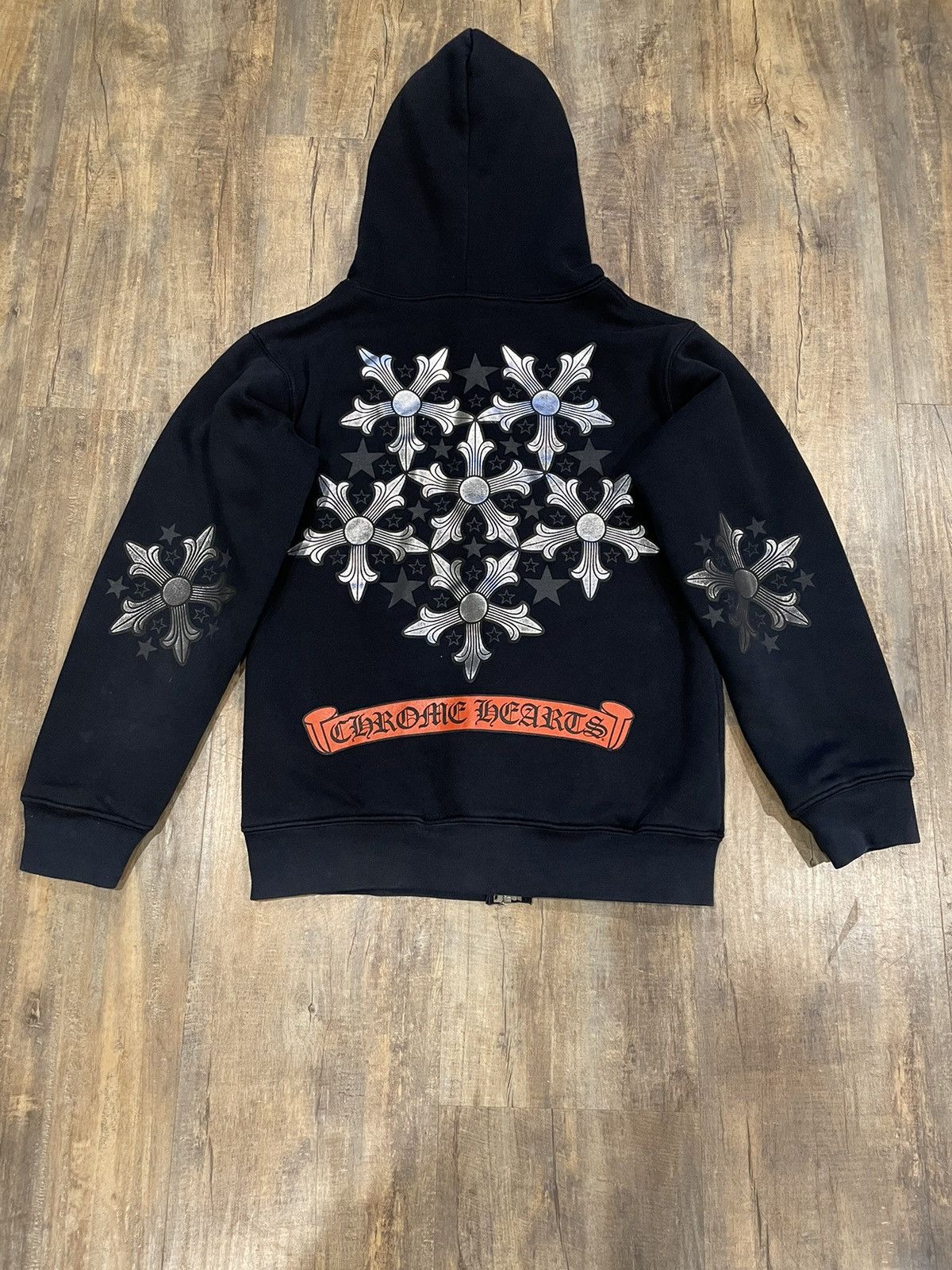 image of Chrome Hearts Silver Stars Scroll Logo Zip Up Hoodie in Black, Men's (Size Small)