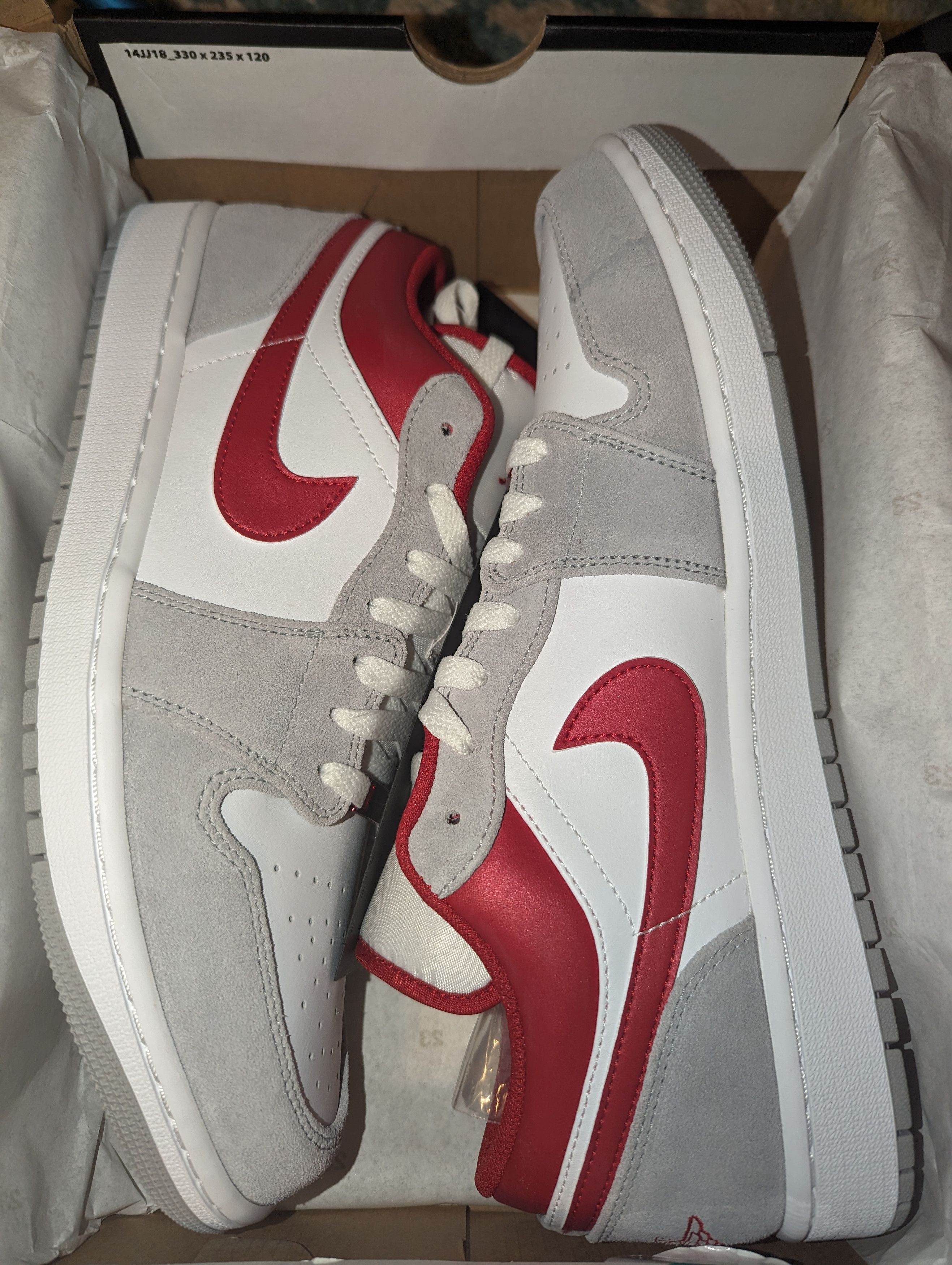 image of Jordan Nike Air Jordan 1 Low Se Shoes in Light Smoke Grey Gym Red, Men's (Size 12)