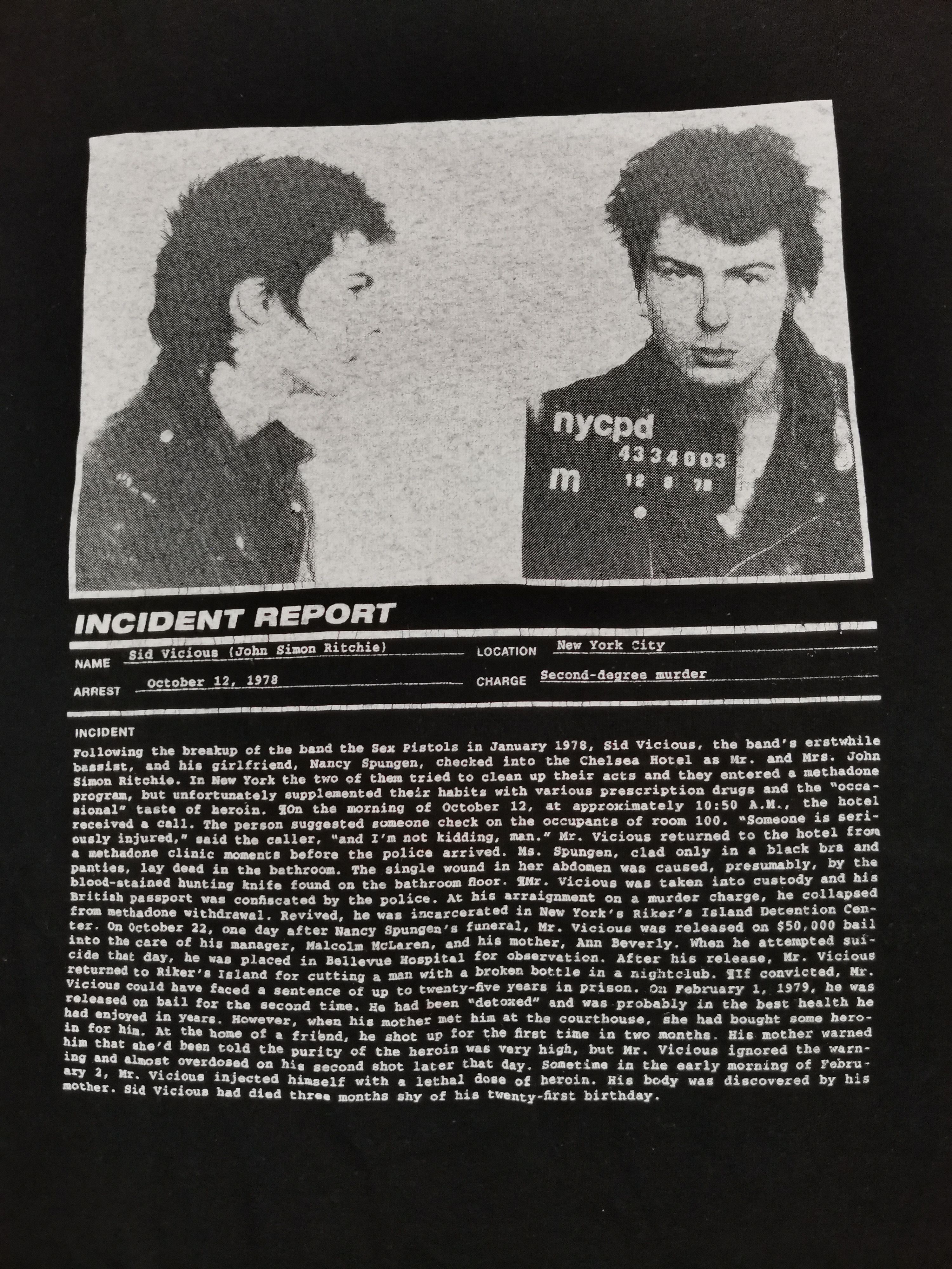 Band Tees Vintage Sid Vicious Incident Report Tee Punk Seditionaries Size US M / EU 48-50 / 2 - 1 Thumbnail