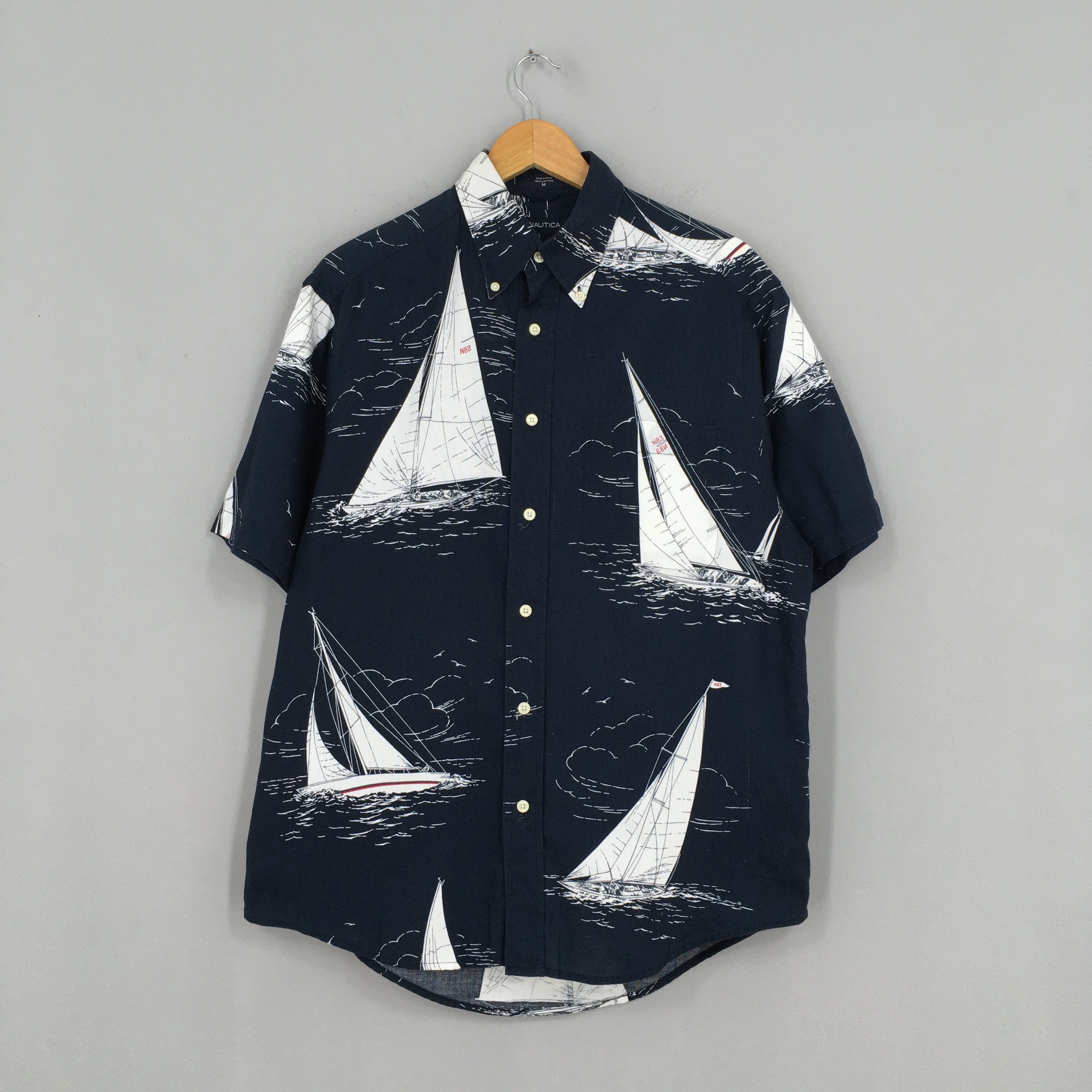 image of Vintage Nautica N83 Sailing Gear Hawaiian Shirt Medium, Men's