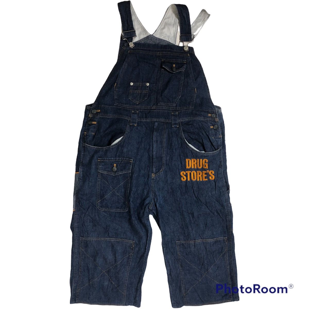 image of Overalls Vintage Drug Store Embroidery Overall Half Knee in Blue, Men's (Size 38)