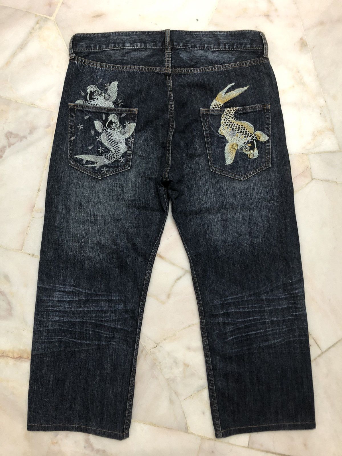 Japanese Brand RARE!! FISH KOI EMBROIDERED JEANS Size US 34 / EU 50 - 1 Thumbnail