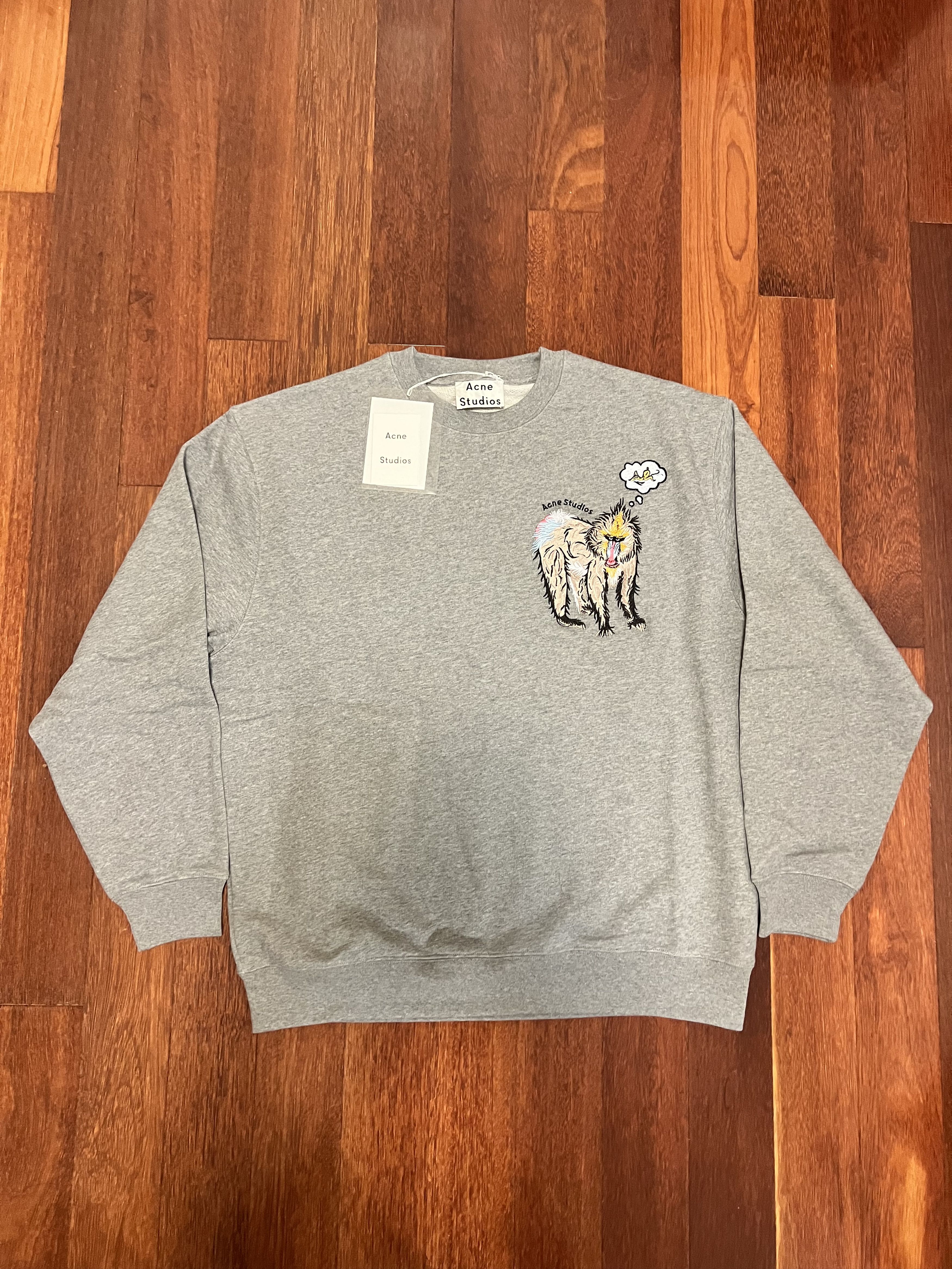 image of Acne Studios Embroidered Monkey Grey Sweater, Men's (Size Medium)