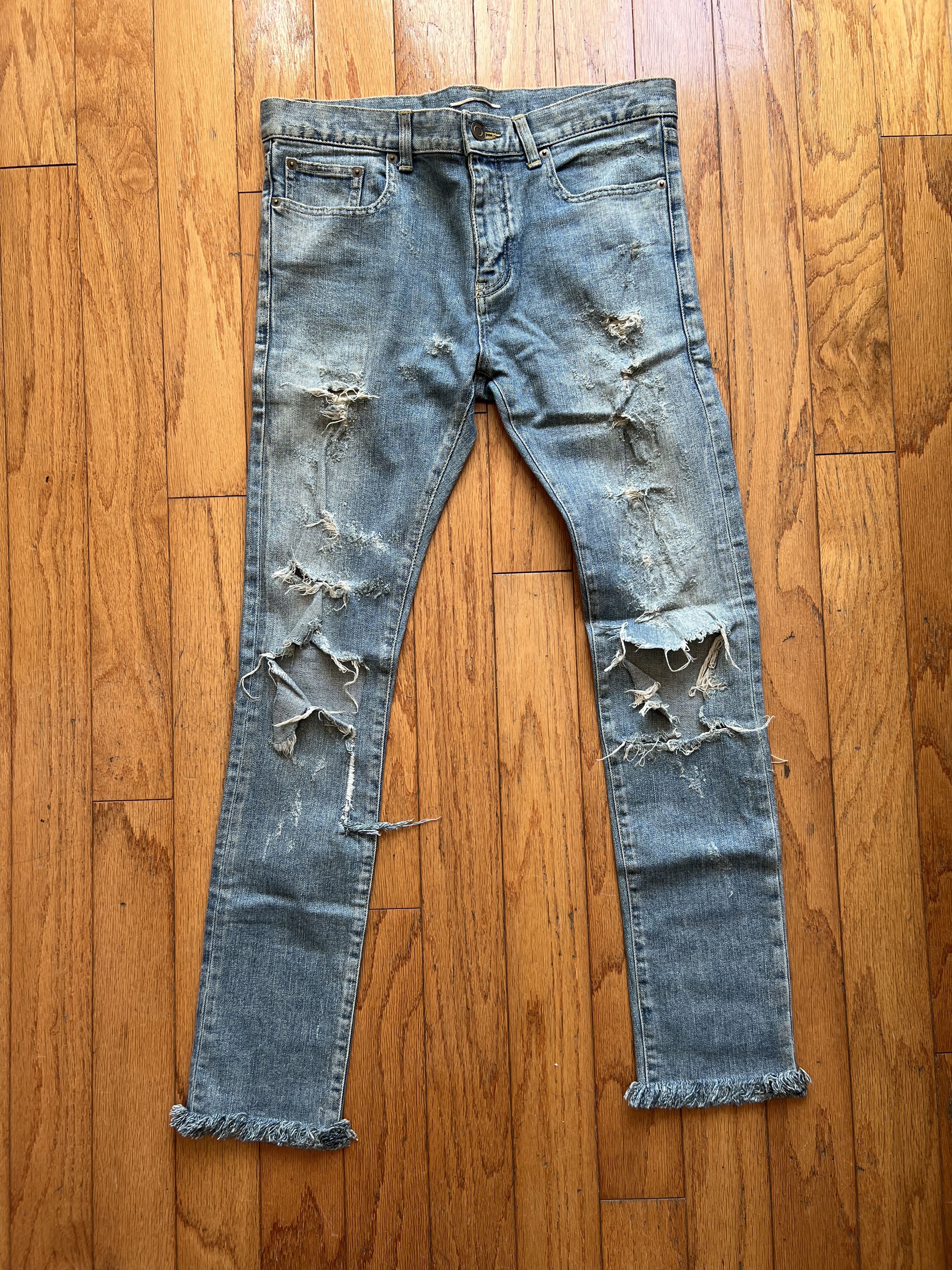 image of Saint Laurent Paris Fw13 Knee Blowouts Denim 32 in Blue, Men's