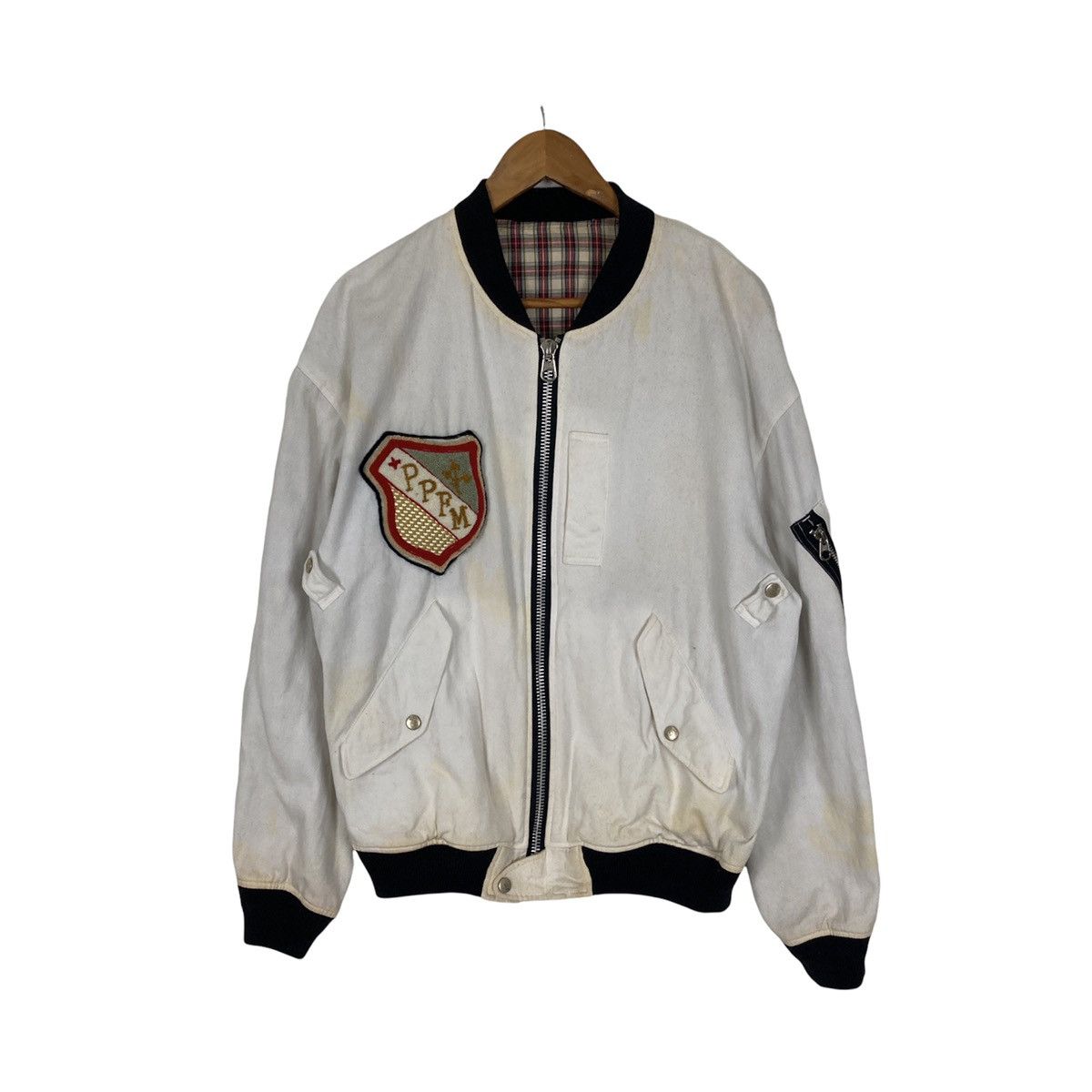 image of VTG Ppfm Reversible Tartan Bomber Jacket in White Tartan, Men's (Size Medium)
