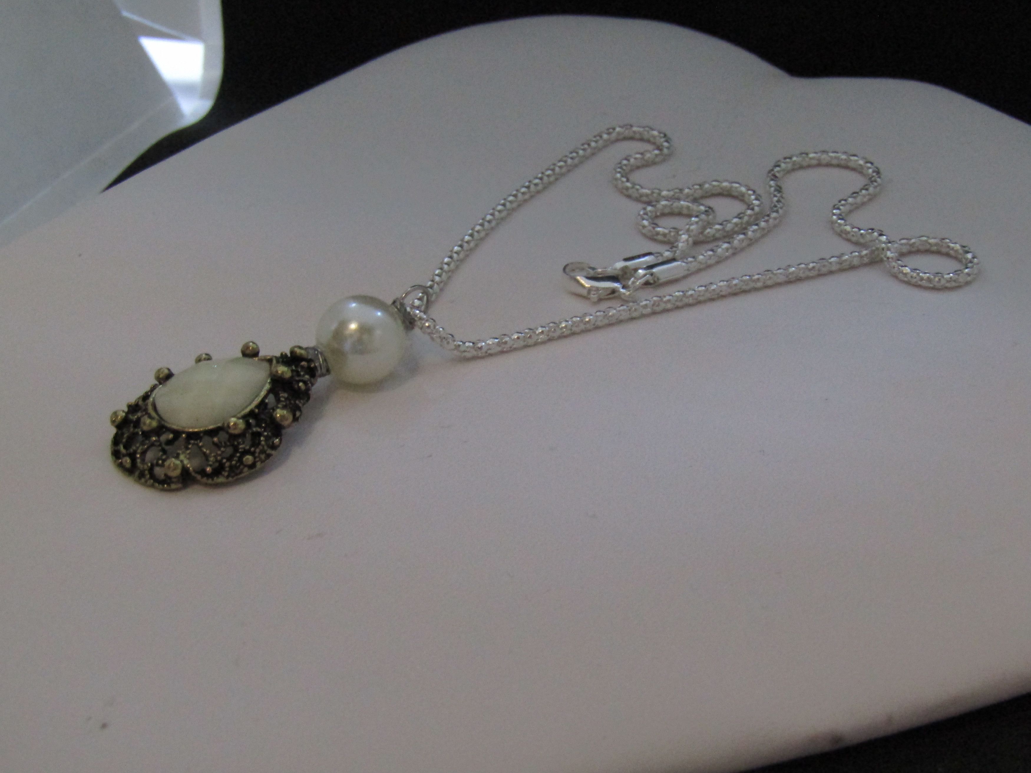 Handmade White Drop Bronze Charm Necklace with Pearl Bead Size ONE SIZE - 2 Thumbnail
