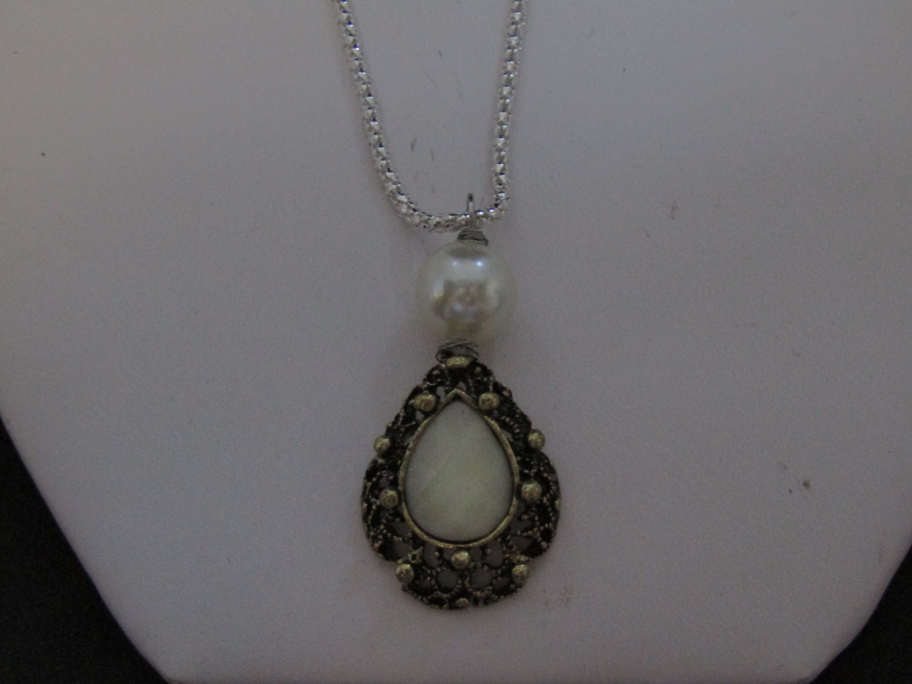 Handmade White Drop Bronze Charm Necklace with Pearl Bead Size ONE SIZE - 3 Thumbnail