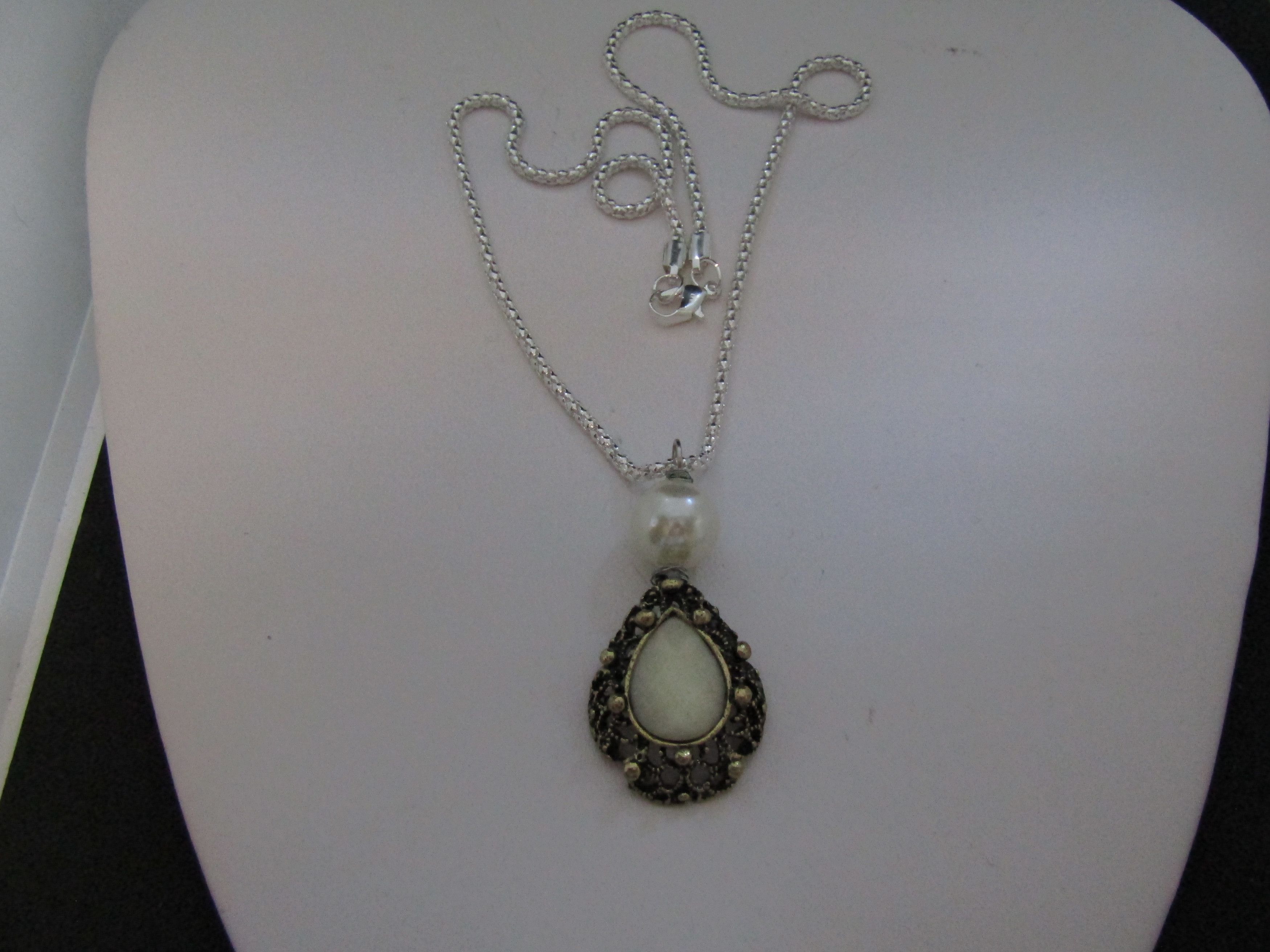 Handmade White Drop Bronze Charm Necklace with Pearl Bead Size ONE SIZE - 1 Thumbnail