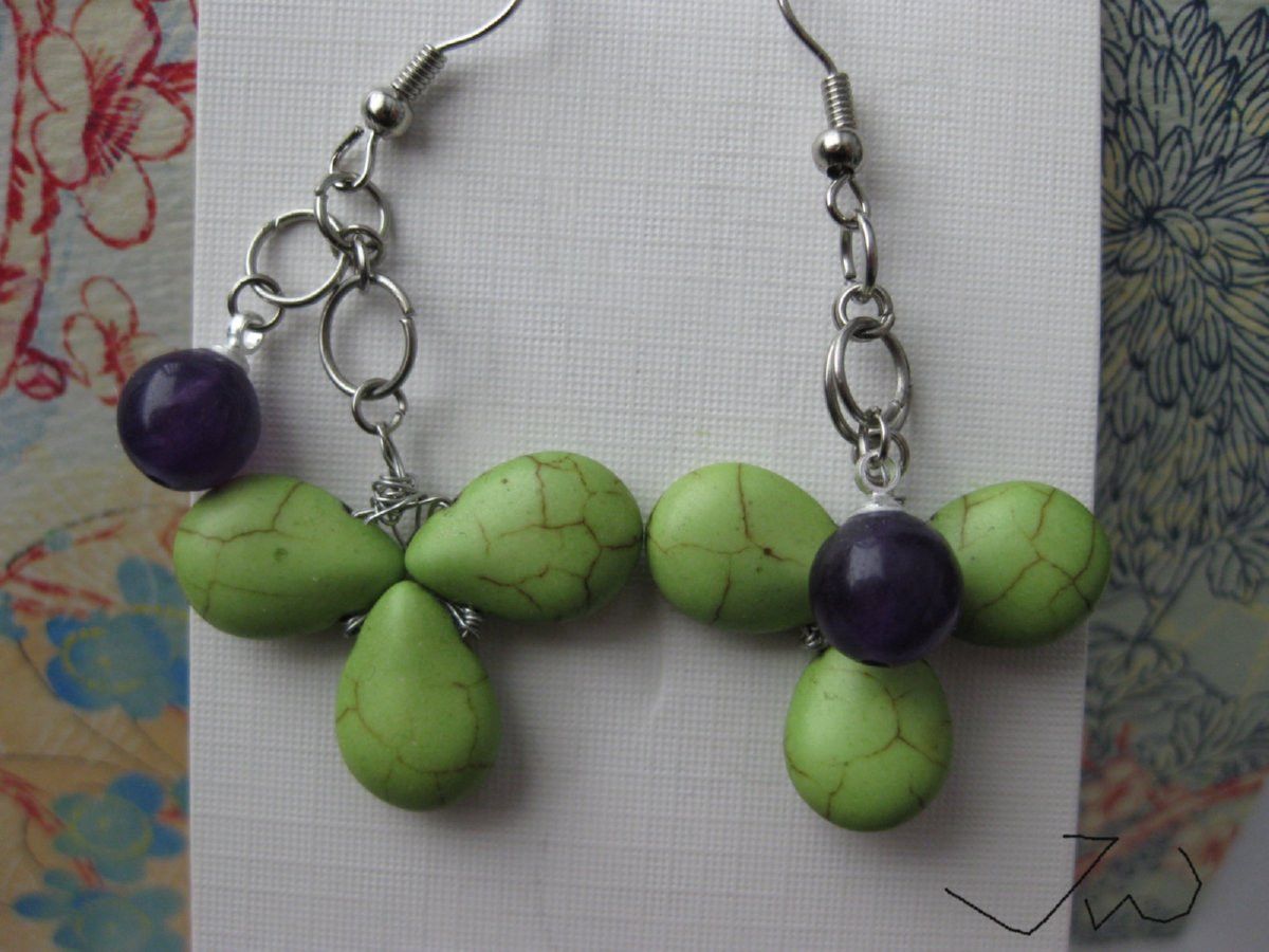 Handmade Green Turquoise Beads Dangle Earrings With Amethyst Size ONE SIZE - 4 Thumbnail