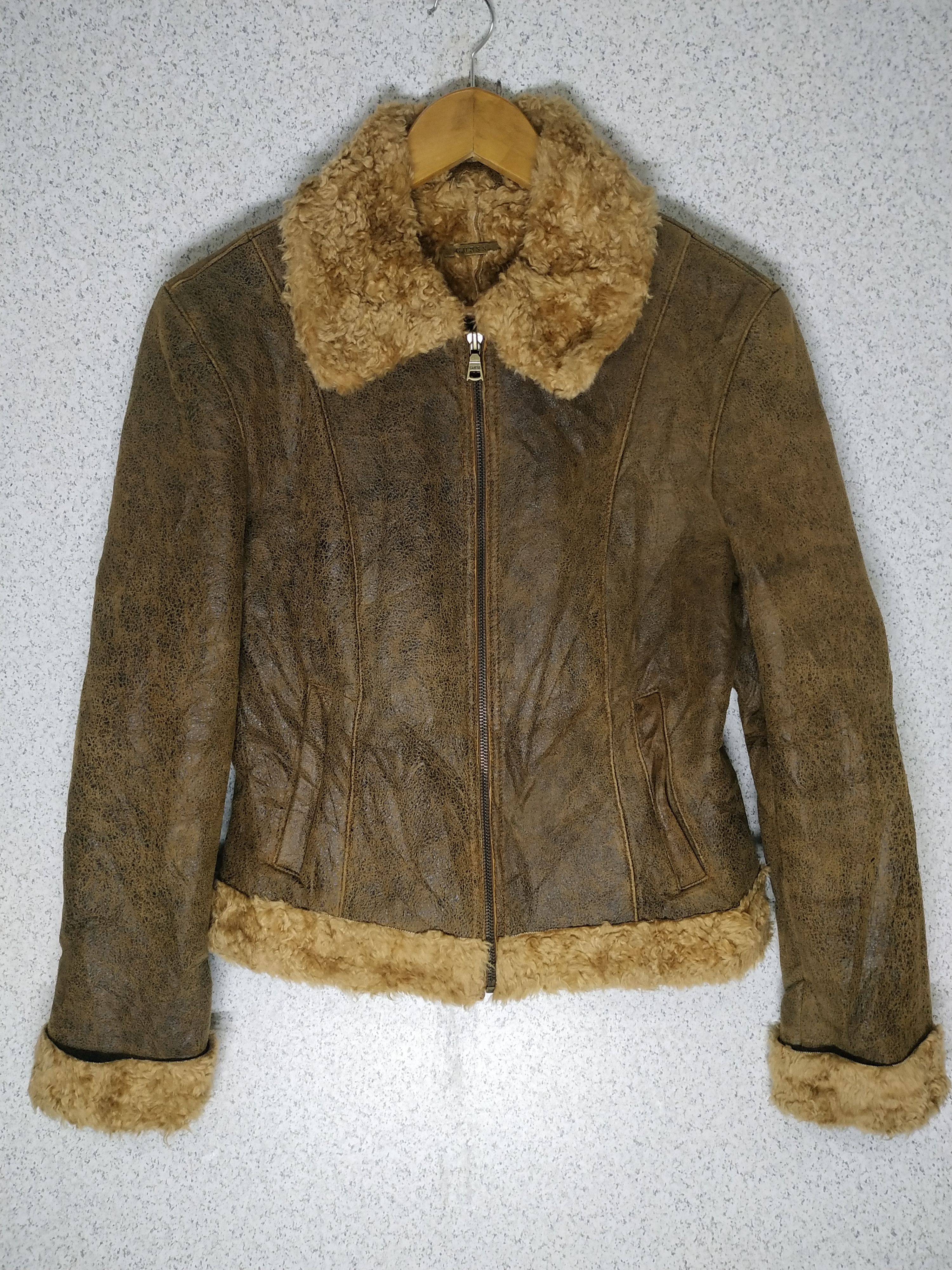 Guess Zip Up Sherpa Leather Jacket
