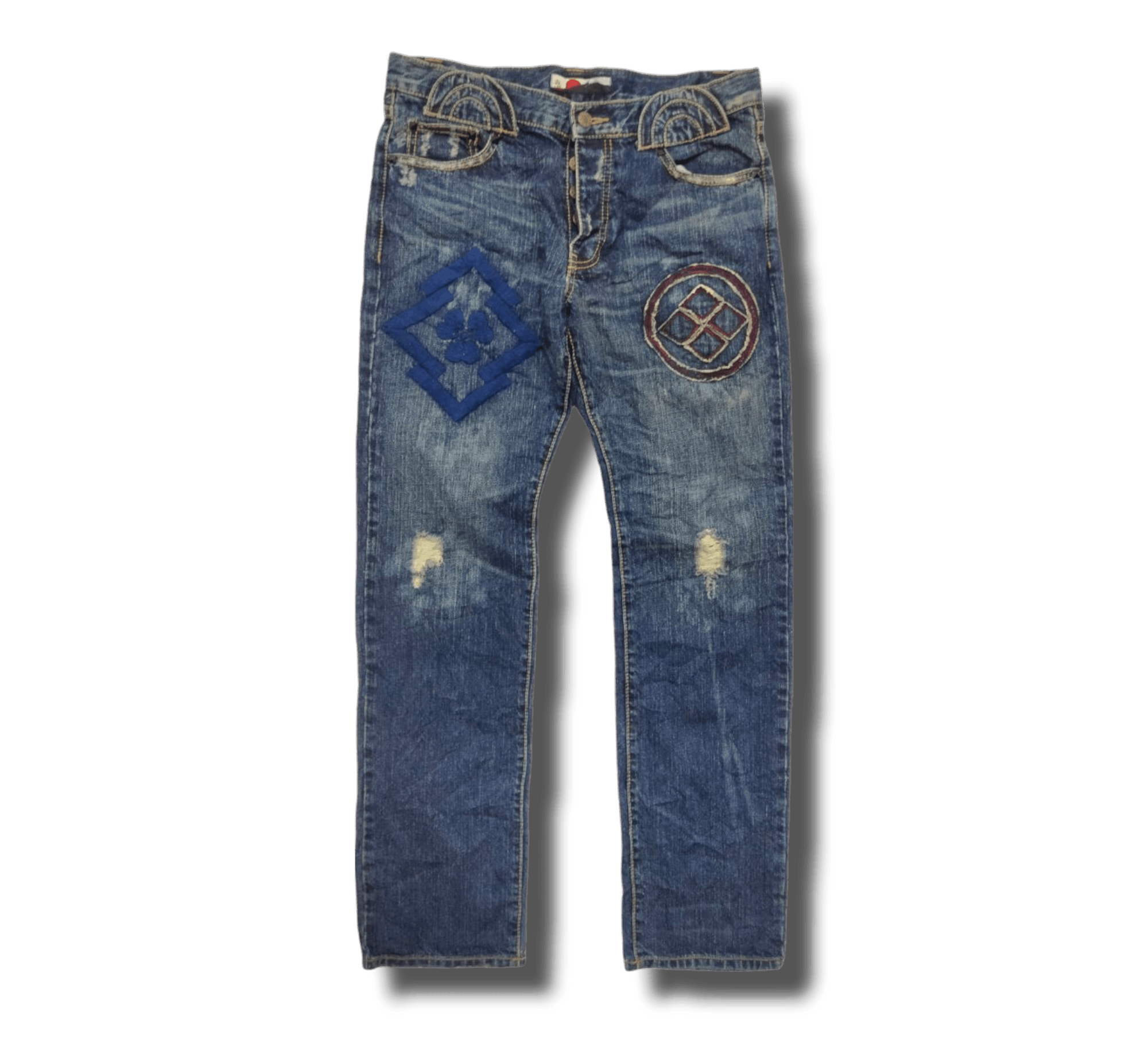 image of Beauty Beast x Distressed Denim Best Offer Gemstone Patches Jeans in Denim Blue (Size 32)