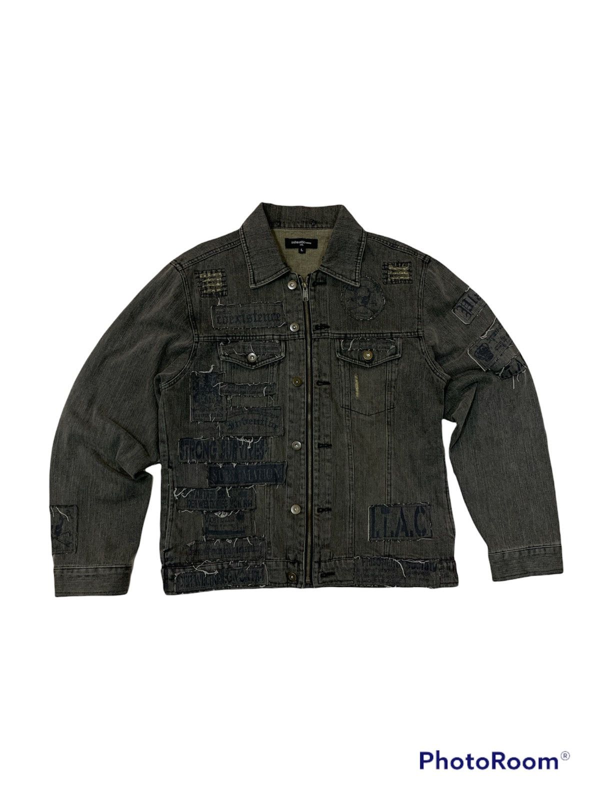 image of Distressed Denim In The Attic Homme Patches Punk Denim Jacket in Grey, Men's (Size Large)