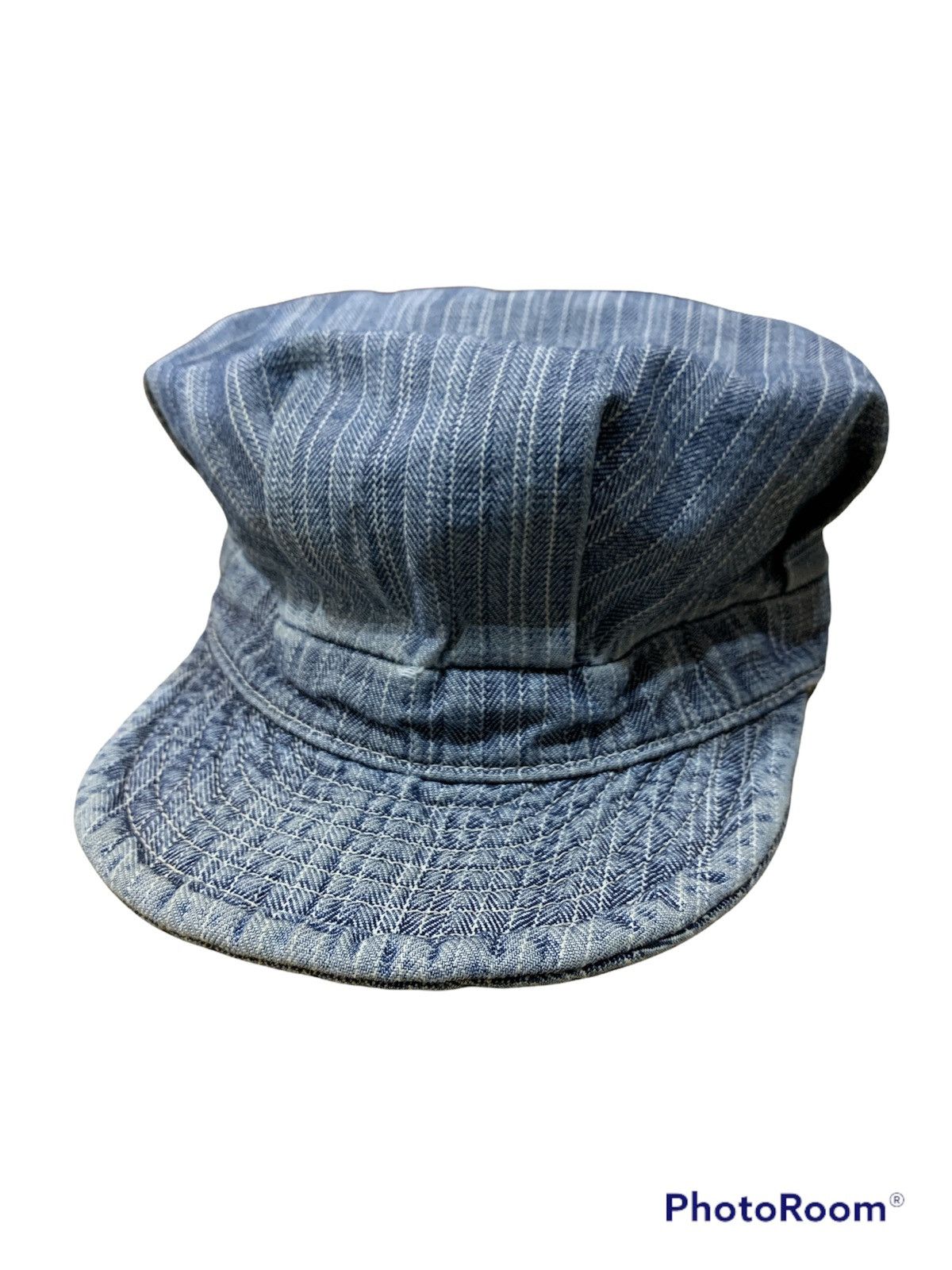 image of Ca4La x Distressed Denim Sashiko Herringbone Hickory Denim Cap Hat in Blue, Men's