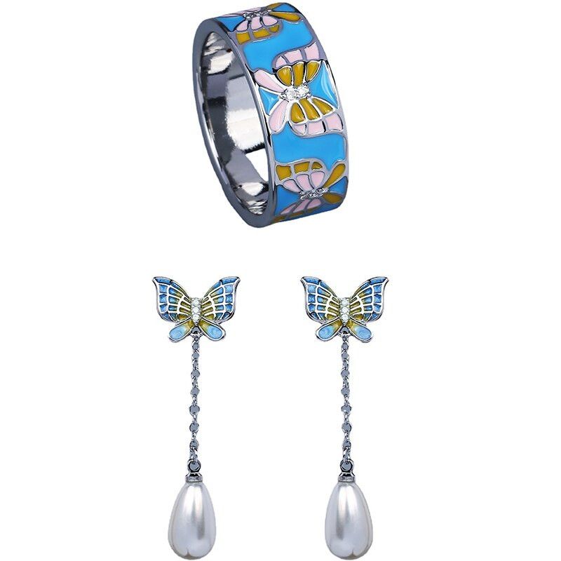 Jewelry Butterfly Enamel Ring Earrings Jewelry Sets Size ONE SIZE - 1 Thumbnail