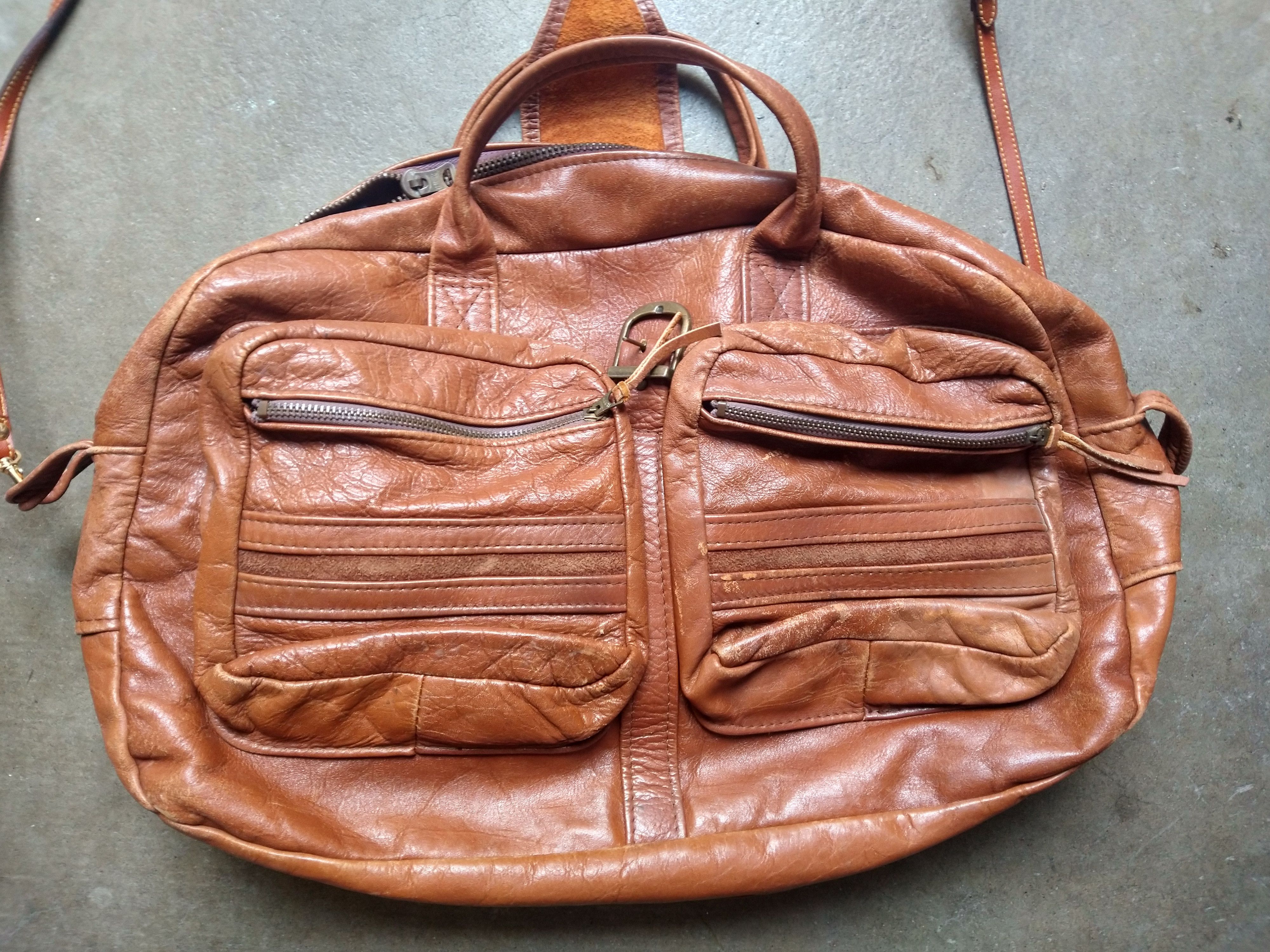 Genuine Leather Vintage Leather Duffle Bag Brown Zipper Strap Pockets Size ONE SIZE - 13 Thumbnail