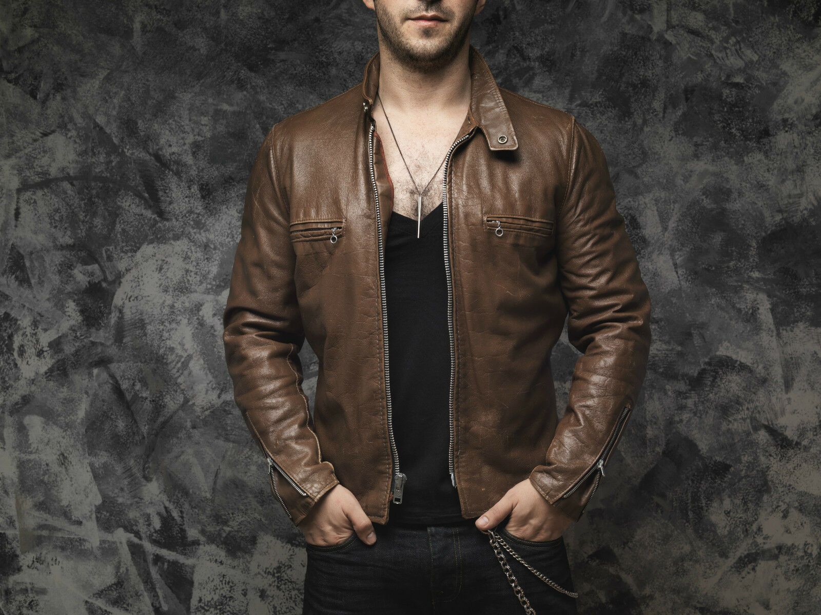 image of Reed Brown Cafe Racer Leather Jacket Biker, Men's (Size Large)