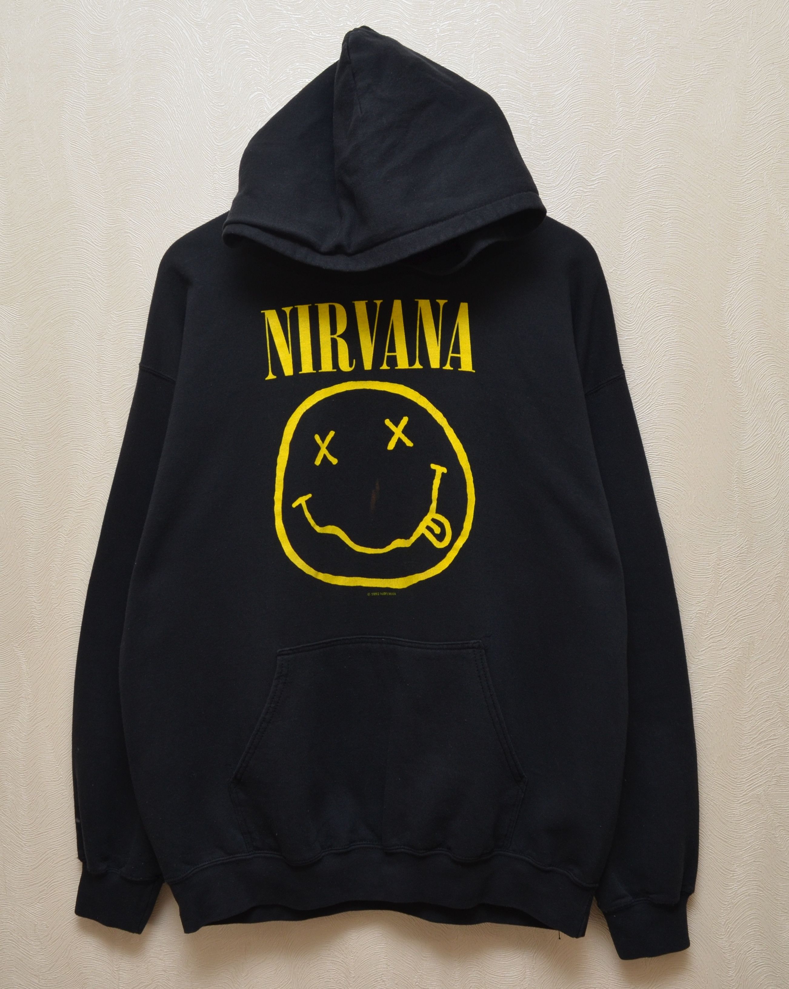 image of Band Tees x Nirvana 1992 Vintage Nirvana Smiley Face Band Hoodie 90's Y2K in Black (Size Large)