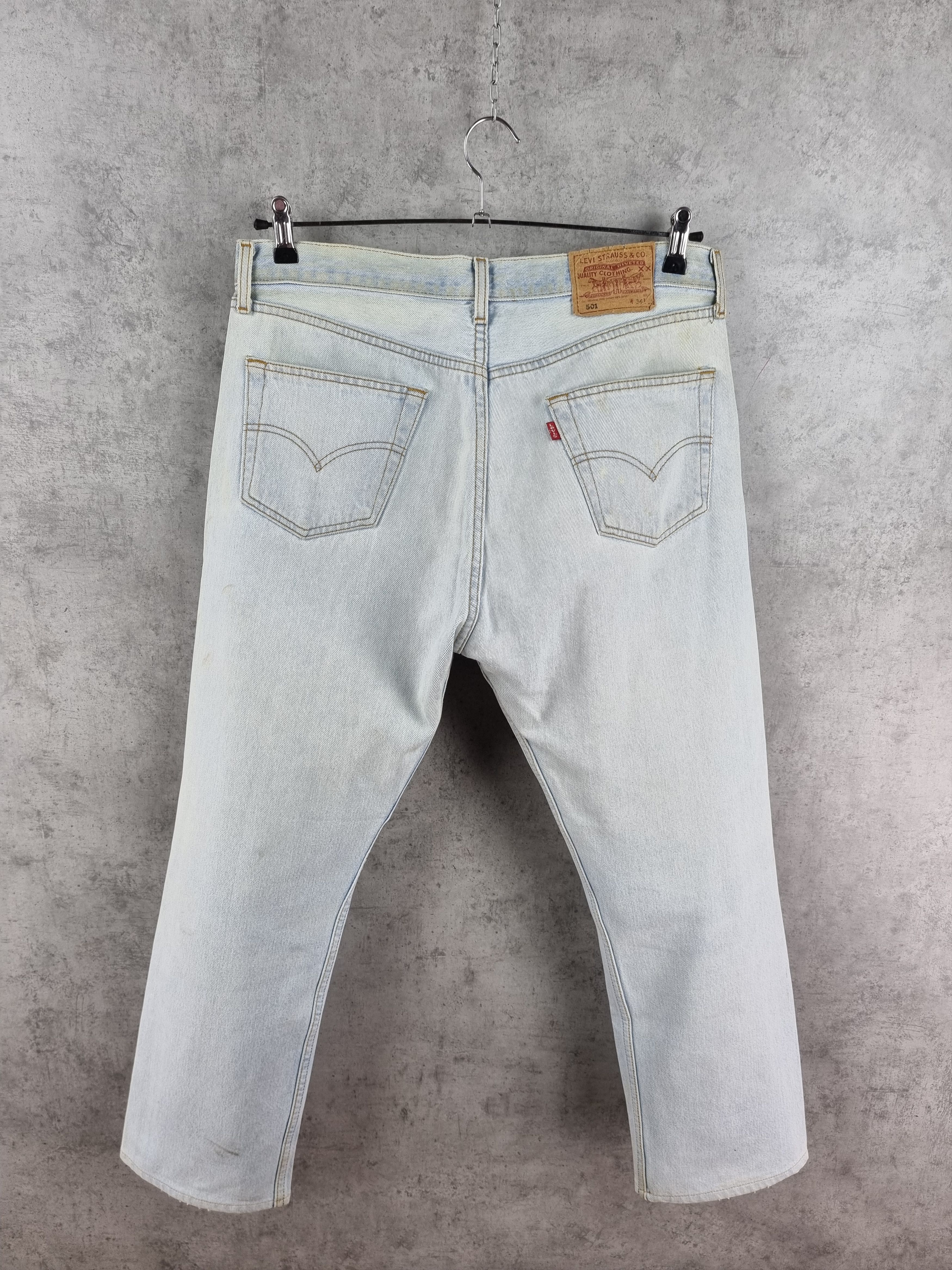 image of 90's Dirty Unique Levis 501 Aesthetic Vintage Jeans in Dirty Vintage Blue, Men's (Size 32)
