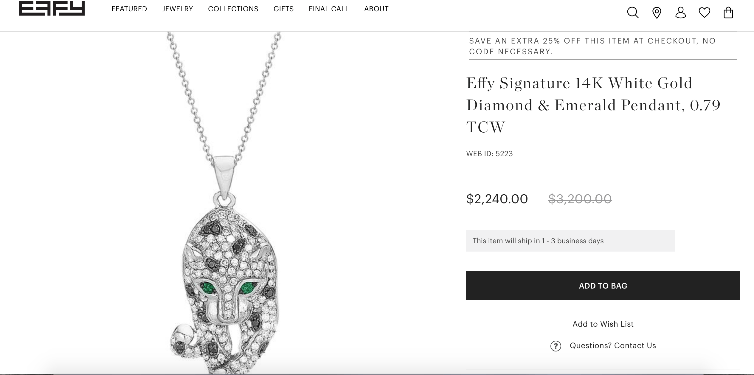 Jewelry RETAIL:$2,240.00 14k White Gold Diamond & Emerald Pendant Size 26 - 1 Thumbnail