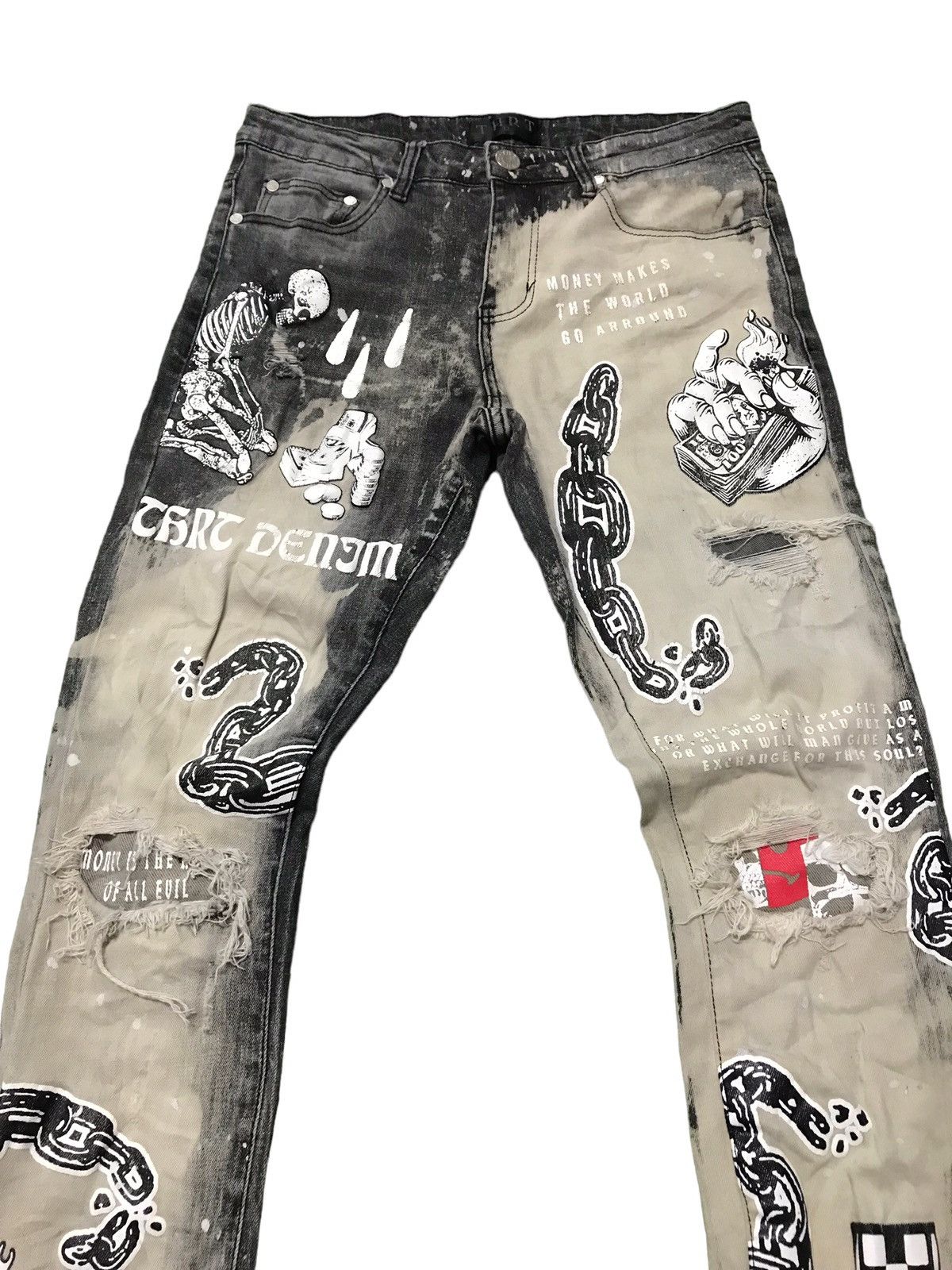 Hysteric Glamour × Japanese Brand 🔥🔥THRT Skull Fullprint Distressed Punk Style Jeans Very Rare Size US 30 / EU 46 - 2 Thumbnail