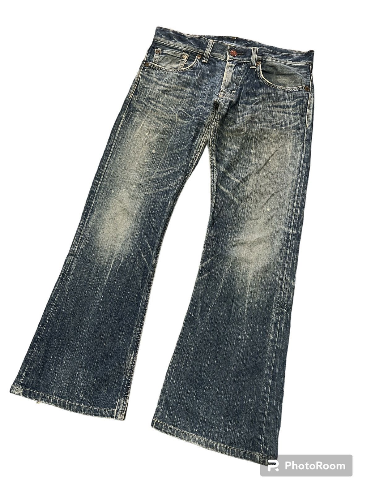 Japanese Brand FLARED💥EDWIN 503 BLUE TRIP DISTRESSED DENIM PANT Size US 33 - 6 Thumbnail