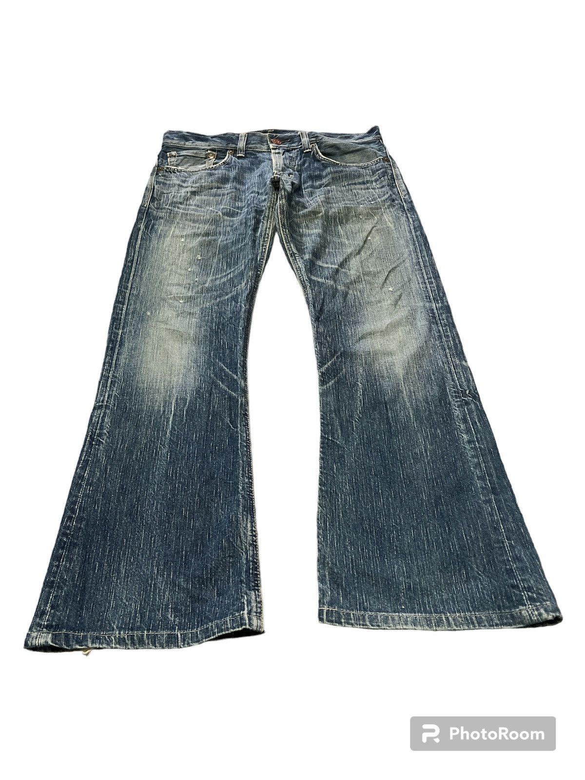 Japanese Brand FLARED💥EDWIN 503 BLUE TRIP DISTRESSED DENIM PANT Size US 33 - 2 Thumbnail