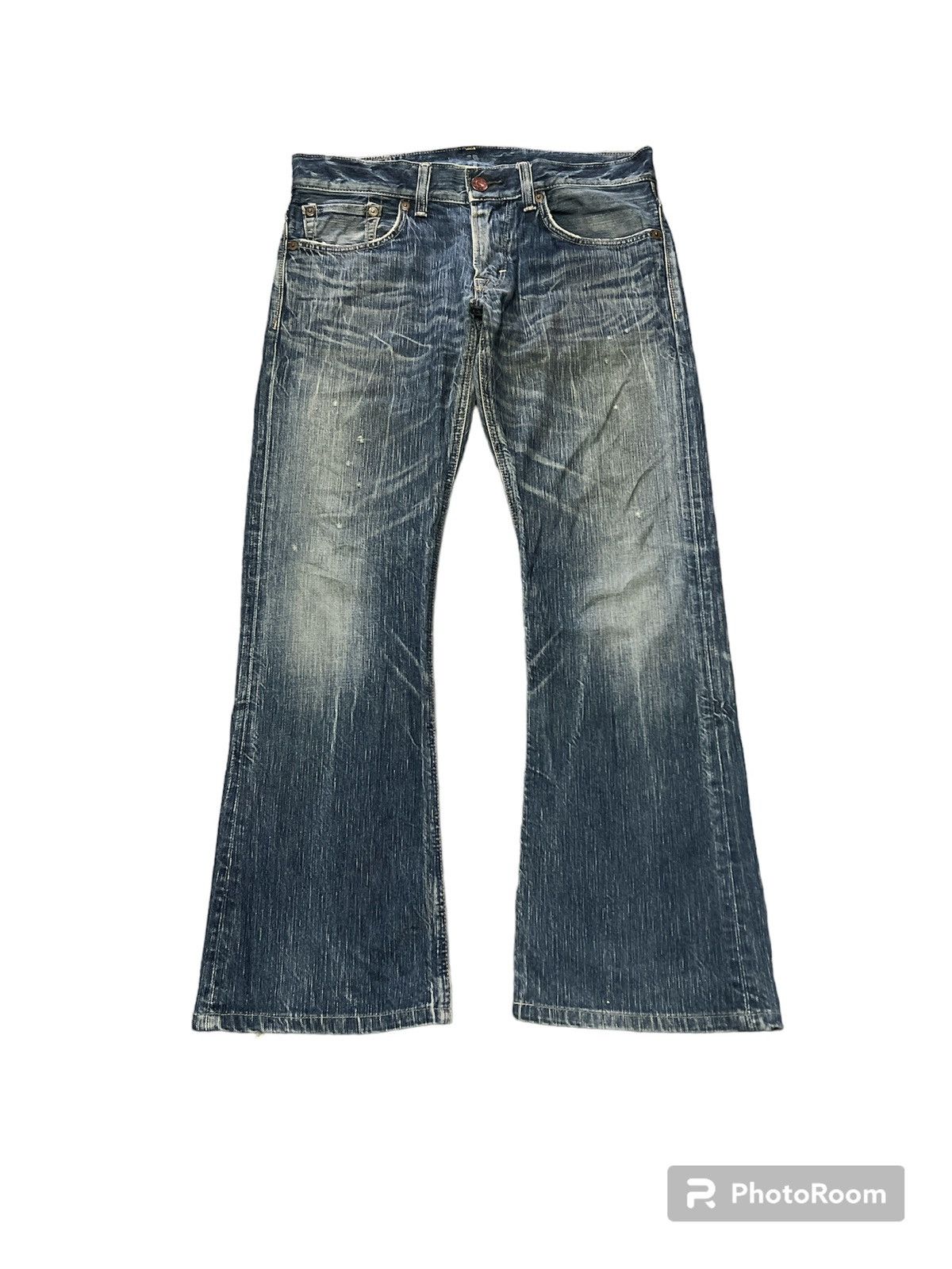 Japanese Brand FLARED💥EDWIN 503 BLUE TRIP DISTRESSED DENIM PANT Size US 33 - 1 Thumbnail