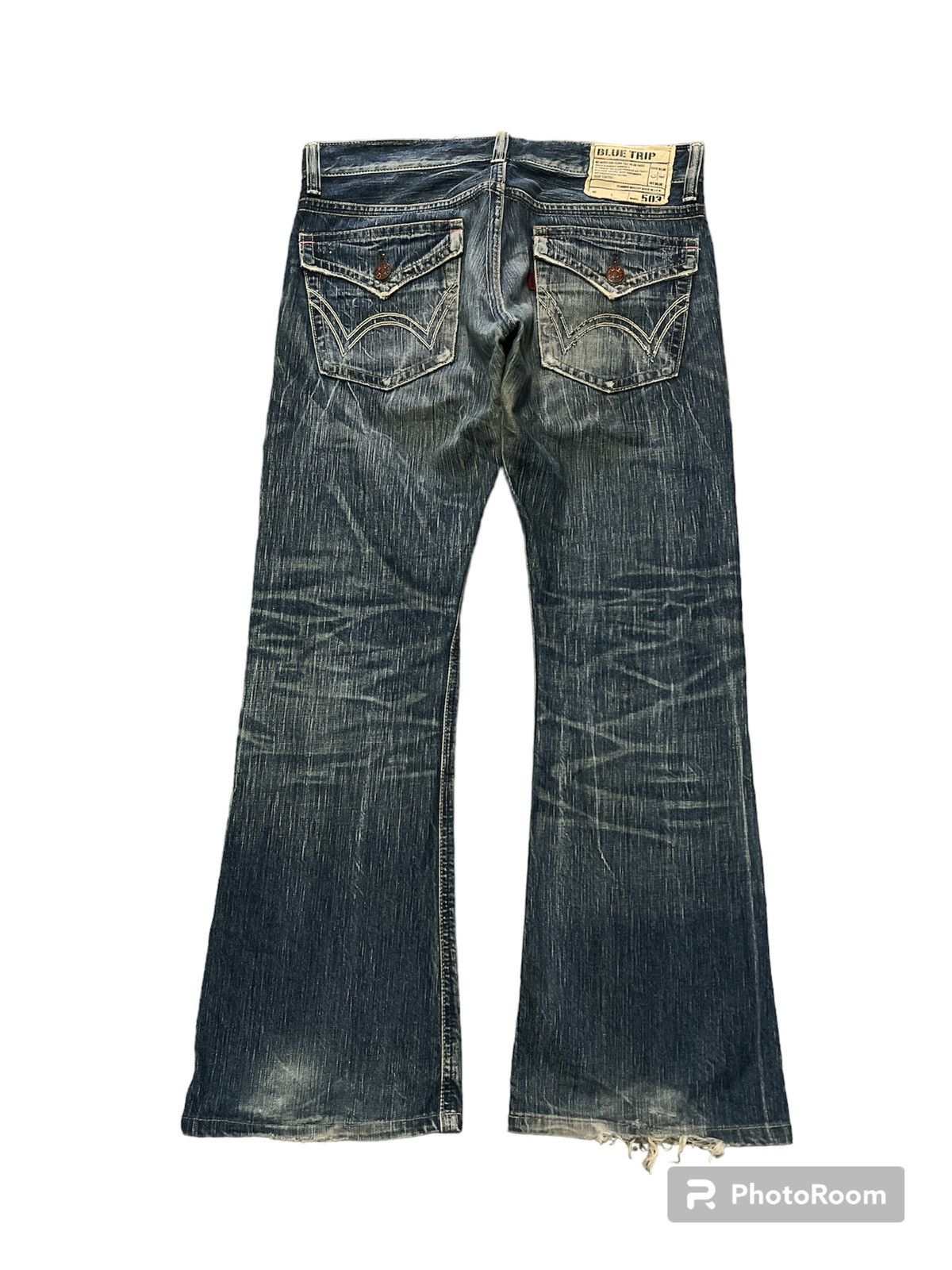 Japanese Brand FLARED💥EDWIN 503 BLUE TRIP DISTRESSED DENIM PANT Size US 33 - 7 Thumbnail
