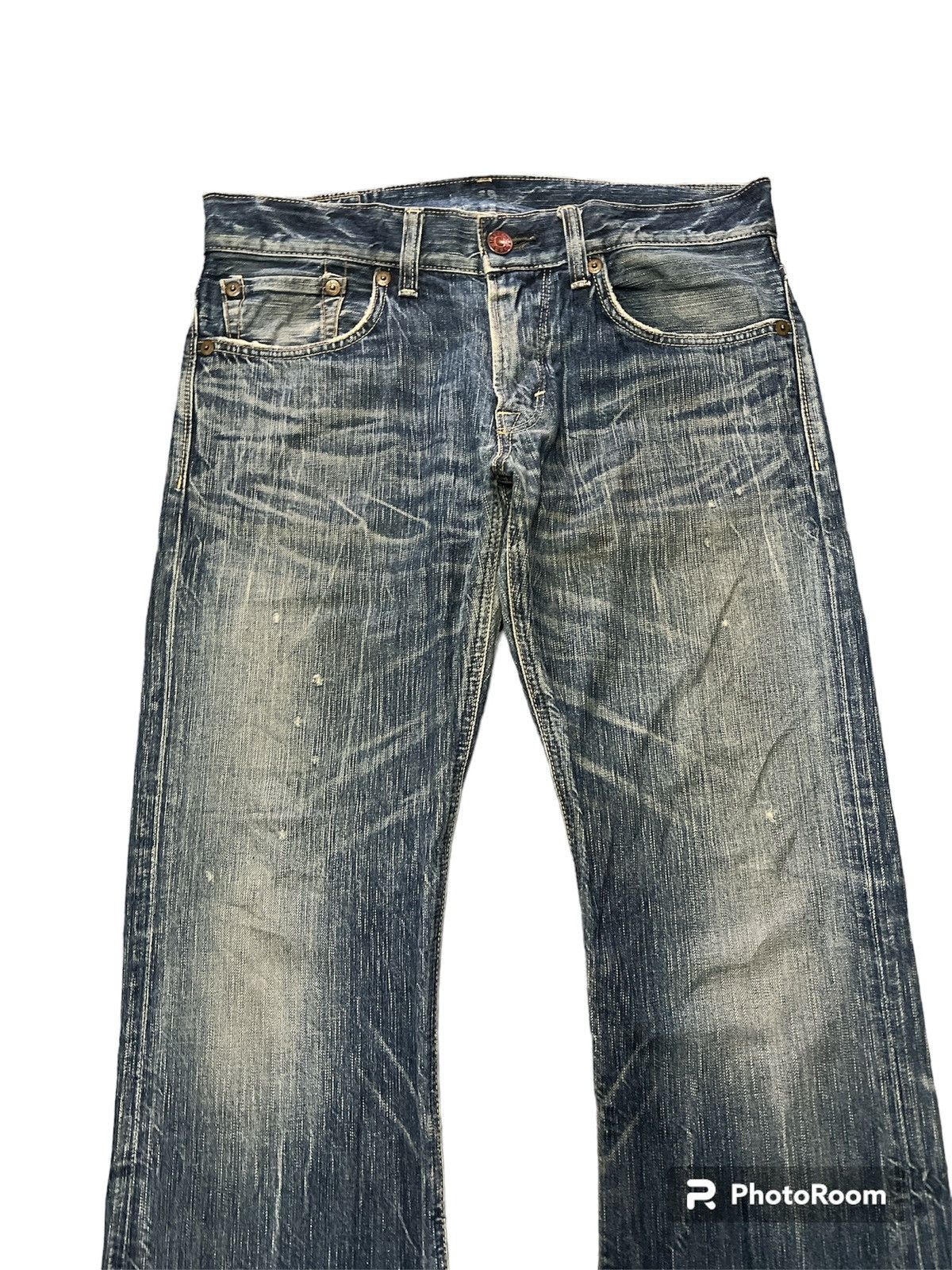 Japanese Brand FLARED💥EDWIN 503 BLUE TRIP DISTRESSED DENIM PANT Size US 33 - 3 Thumbnail