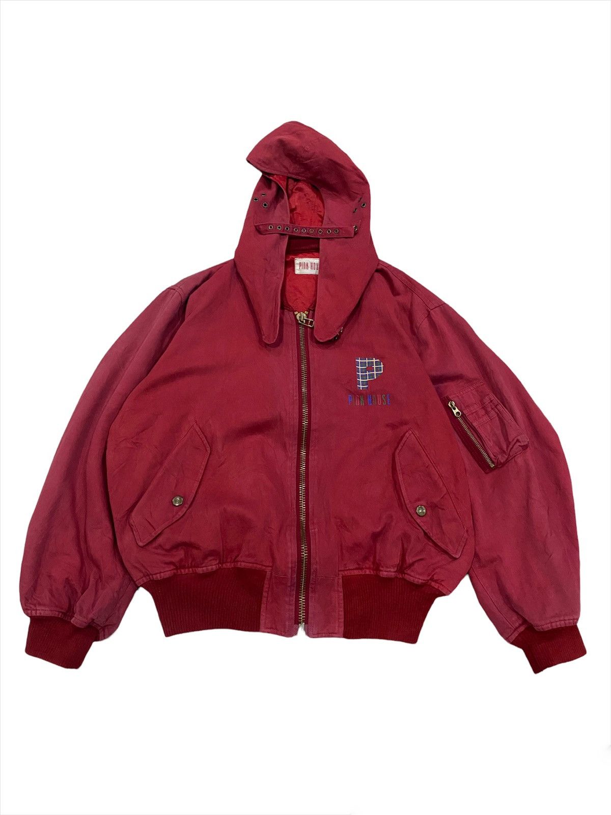 image of Pink House Bomber Jacket Logo With Hoodie Design in Red, Men's (Size Large)