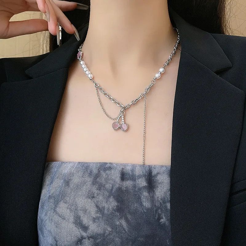 Jewelry Crystal Cherry Tassel Pendant Necklace Size ONE SIZE - 3 Thumbnail