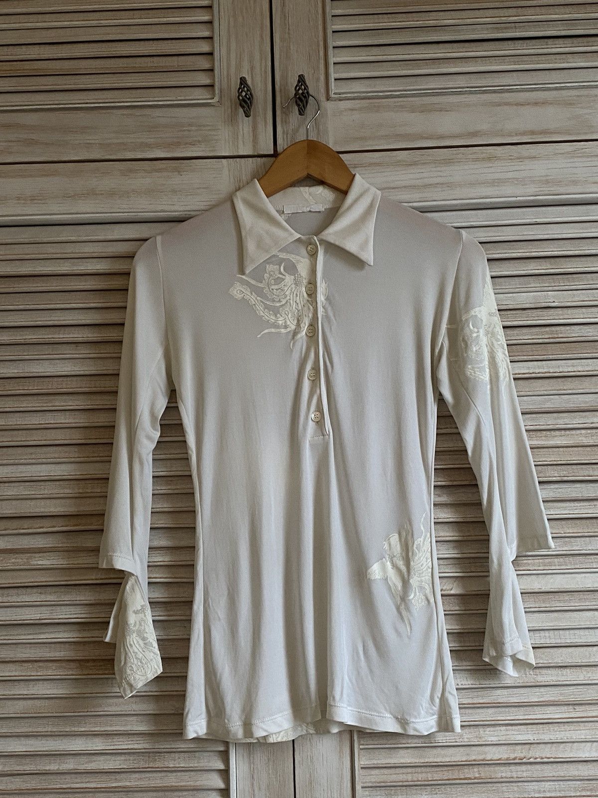 image of Helmut Lang Iconic Aw 1995 Phoenix Printed Slashed Sleeve Polo Top in White, Women's (Size Medium)