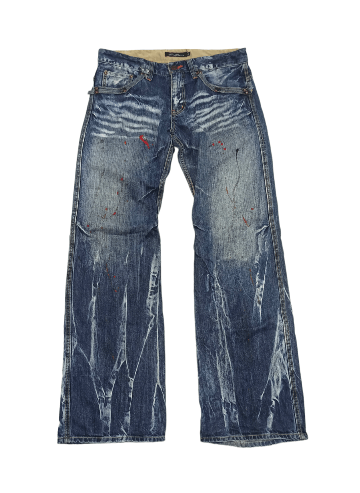 image of Distressed Denim x Roots 3 Style Punk Grunge Whiskers Splash Flare Denim in Blue, Men's (Size 32)