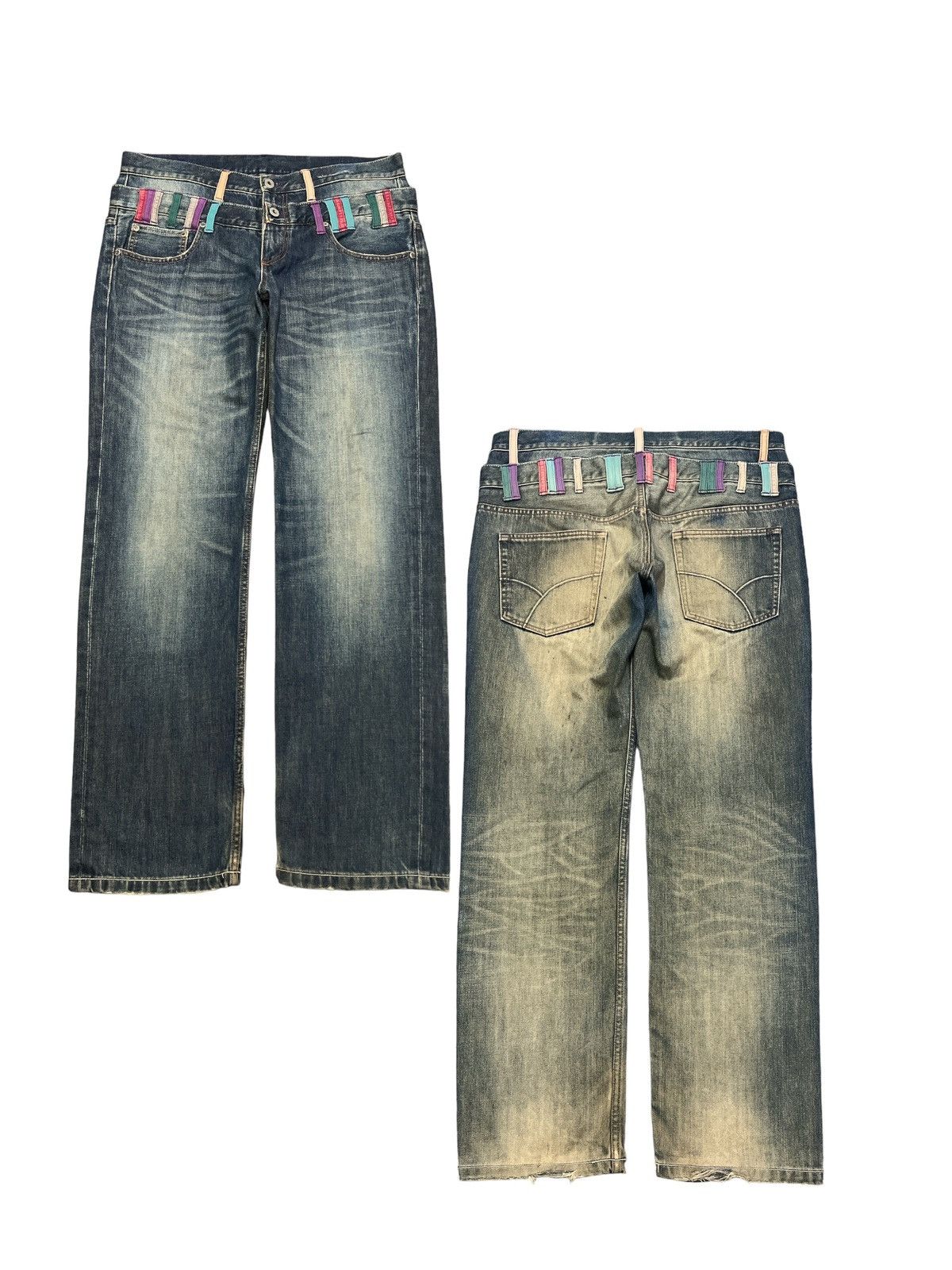 Japanese Brand × Vintage DOUBLE WAIST💥FIRE🔥UNKNOWN DISTRESSED DENIM PANT Size US 34 / EU 50 - 1 Thumbnail