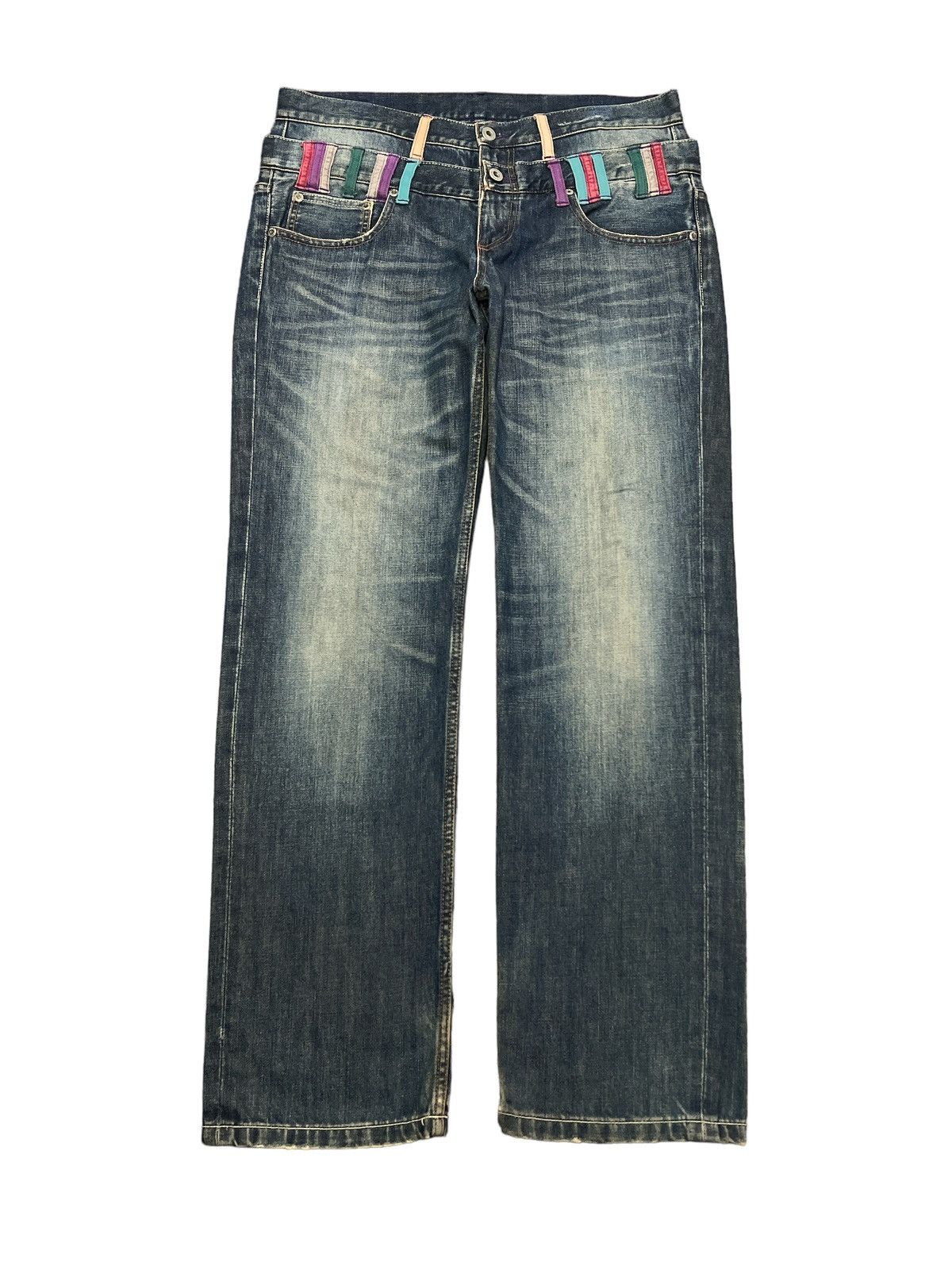 Japanese Brand × Vintage DOUBLE WAIST💥FIRE🔥UNKNOWN DISTRESSED DENIM PANT Size US 34 / EU 50 - 2 Thumbnail