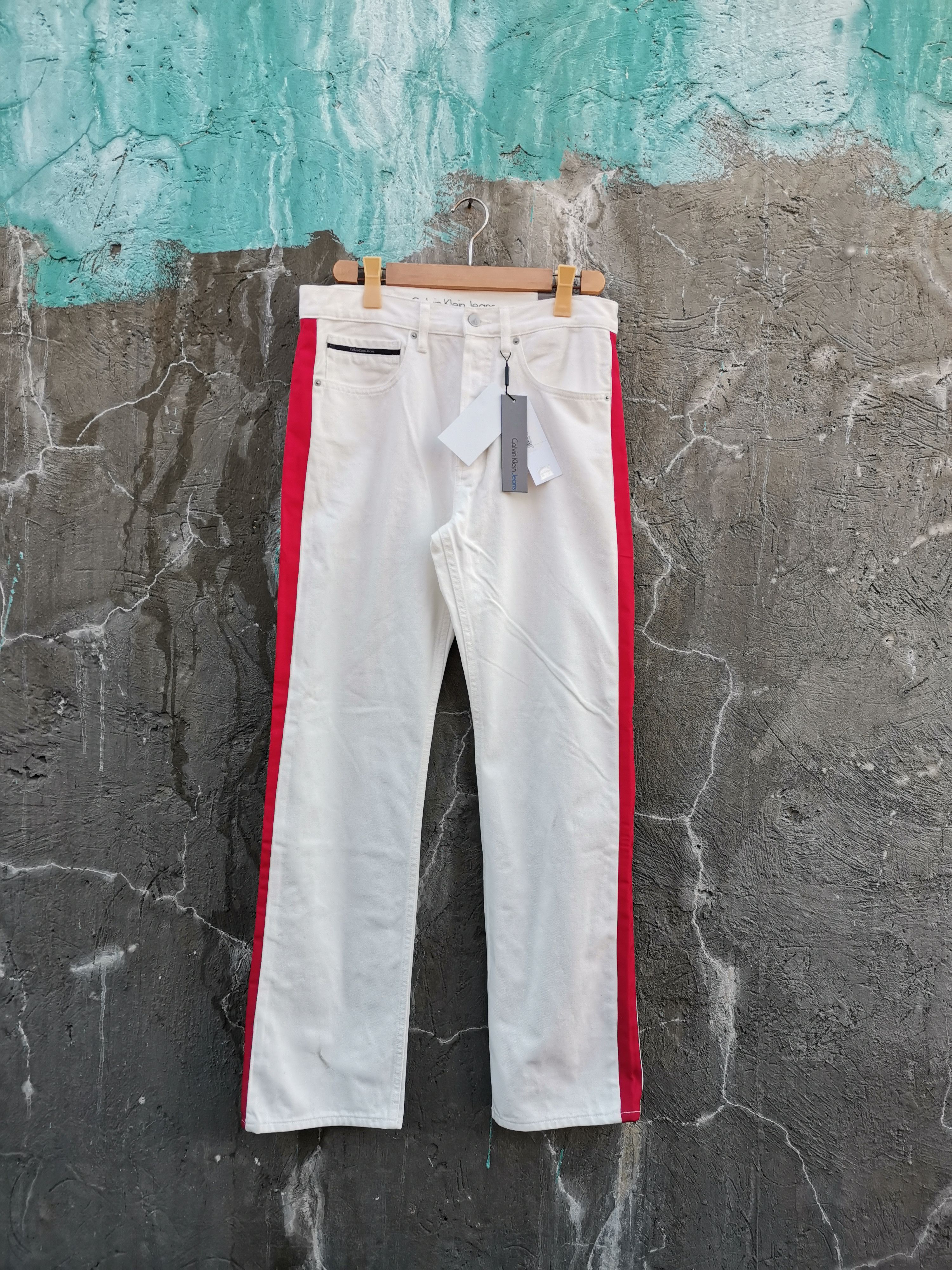 image of Calvin Klein x Raf Simons Side Tape High Rise Pants in White, Men's (Size 32)