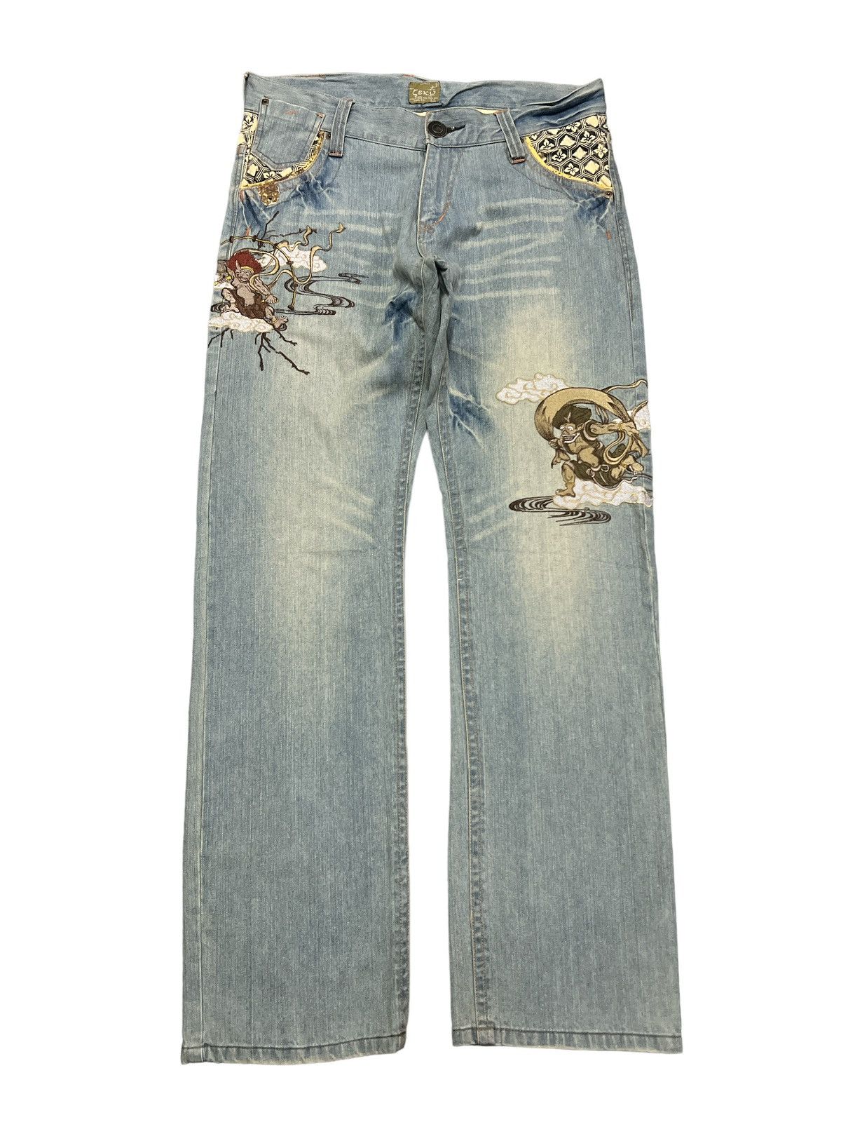 Japanese Brand FIRE 🔥 SEKU EMBROIDERY GHOST JAPAN DISTRESSED DENIM PANT Size US 34 / EU 50 - 1 Thumbnail