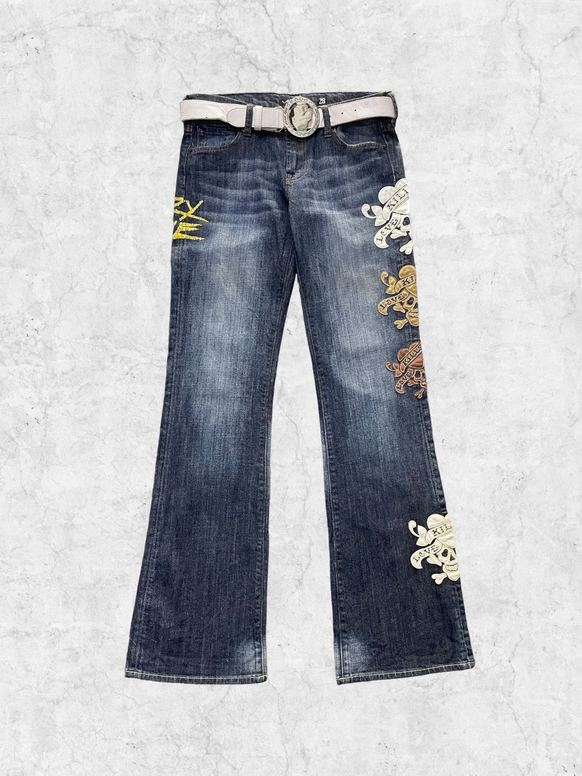 Vintage Ed Hardy Flared Patch Logo Denim With Leather Belt