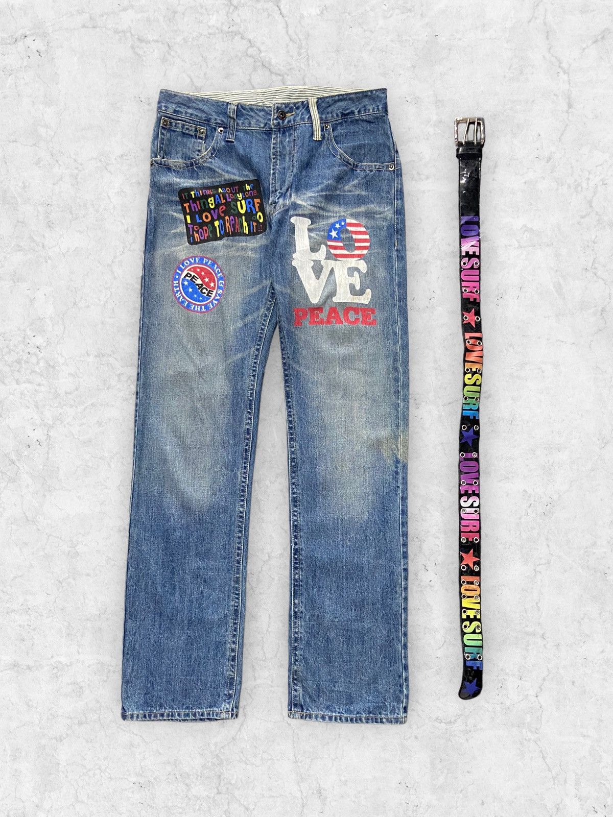 Japanese Brand Y2k Clone Devgru Japan i ❤️ Surf Evisu Style Pants And Belt Size US 32 / EU 48 - 3 Thumbnail