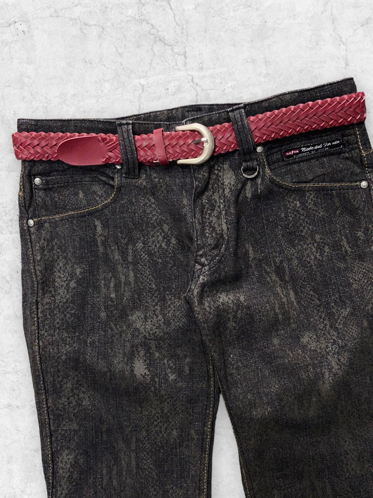 If Six Was Nine × Le Grande Bleu (L.G.B.) × Nicole Club Nicole Club Wax Snake Pattern Denim Jeans With Leather belt Size US 30 / EU 46 - 4 Thumbnail