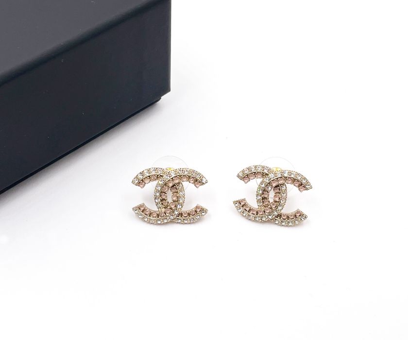 Chanel Chanel Gold CC Pink Double Crystal Piercing Earrings