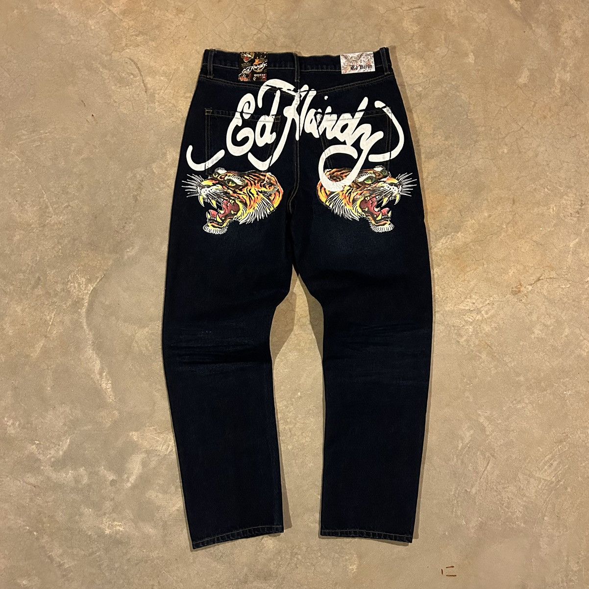 Jean Vintage Ed Hardy Broderies Tigres Cyber Y2k Années 2000 - Taille M, Délavé Clair