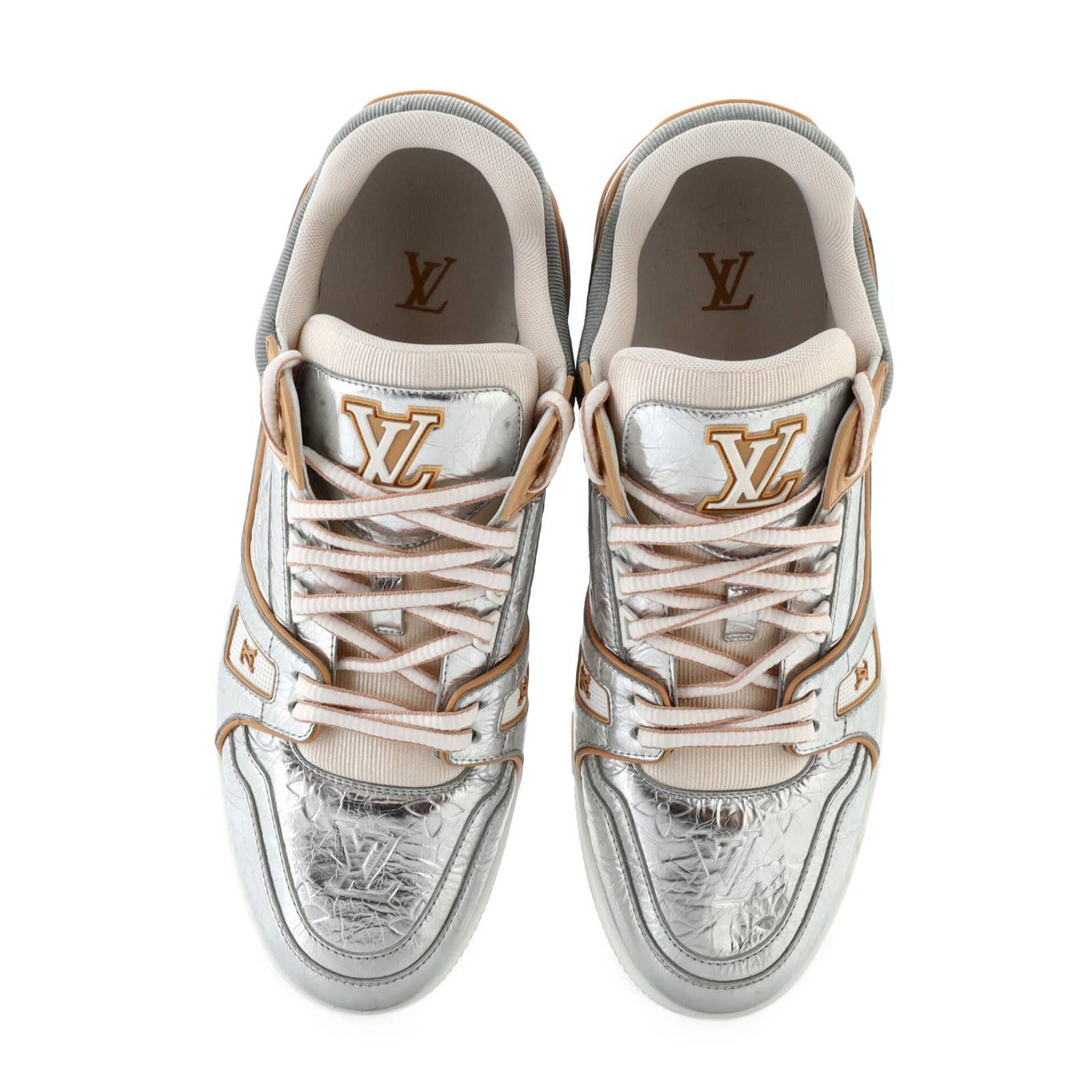 Louis Vuitton Men's LV Trainer Sneakers Monogram Embossed Metallic Leather  Silver 217940340