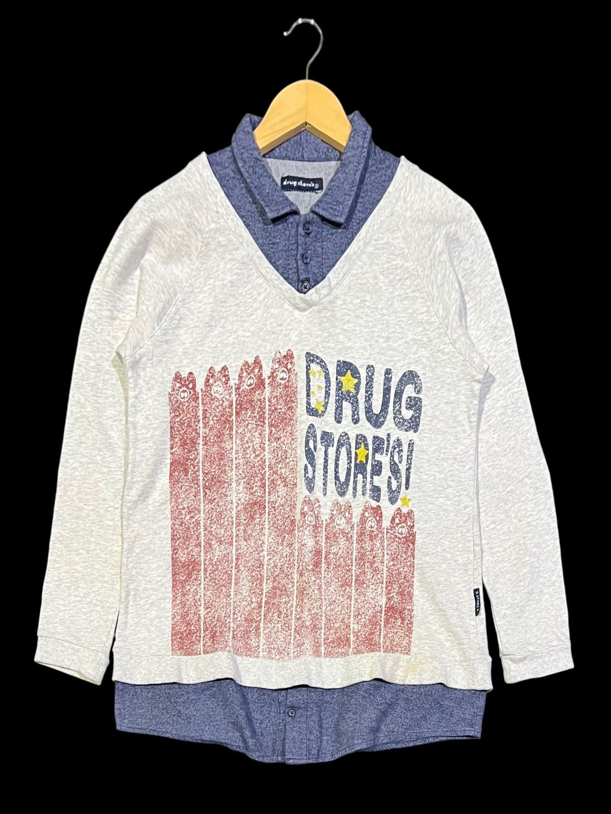 image of Vintage Long Sleeve Double Coller By Drug Stores in Grey /Blue, Men's (Size Small)