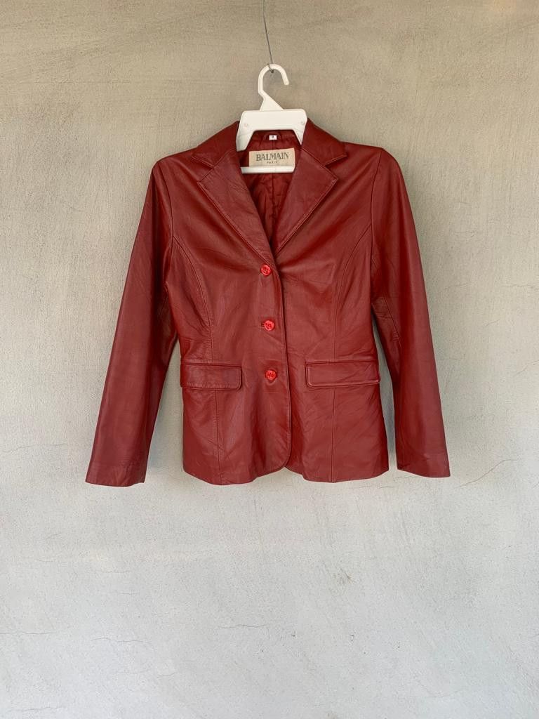 image of Balmain Sheep Leather Jacket in Red, Women's (Size Medium)