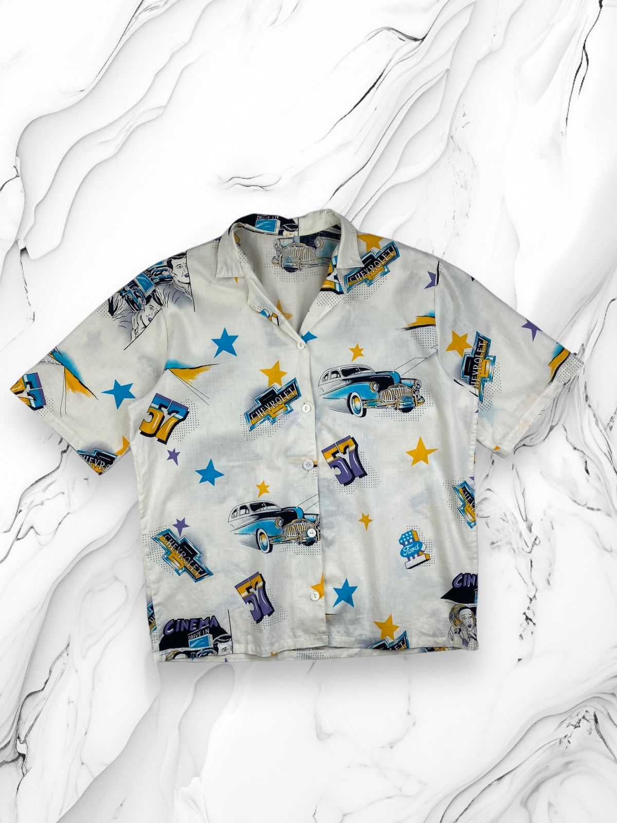 Vintage Mens Vintage Chevrolet Ford Cinema Hawaiian Shirt Size S Size US S / EU 44-46 / 1 - 1 Thumbnail