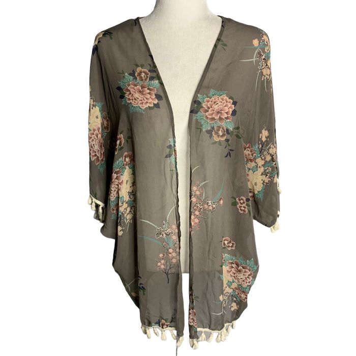 Other I Joah Kimono Cardigan Coverup M Taupe Floral Tassels Open F