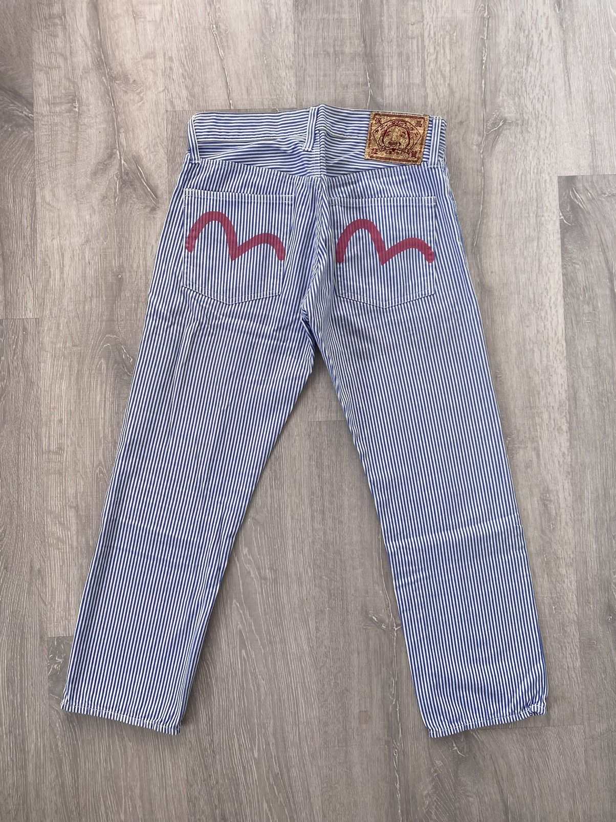 image of Evisu Chino Pants Striped Blue White Gold Tag Japanese, Men's (Size 28)